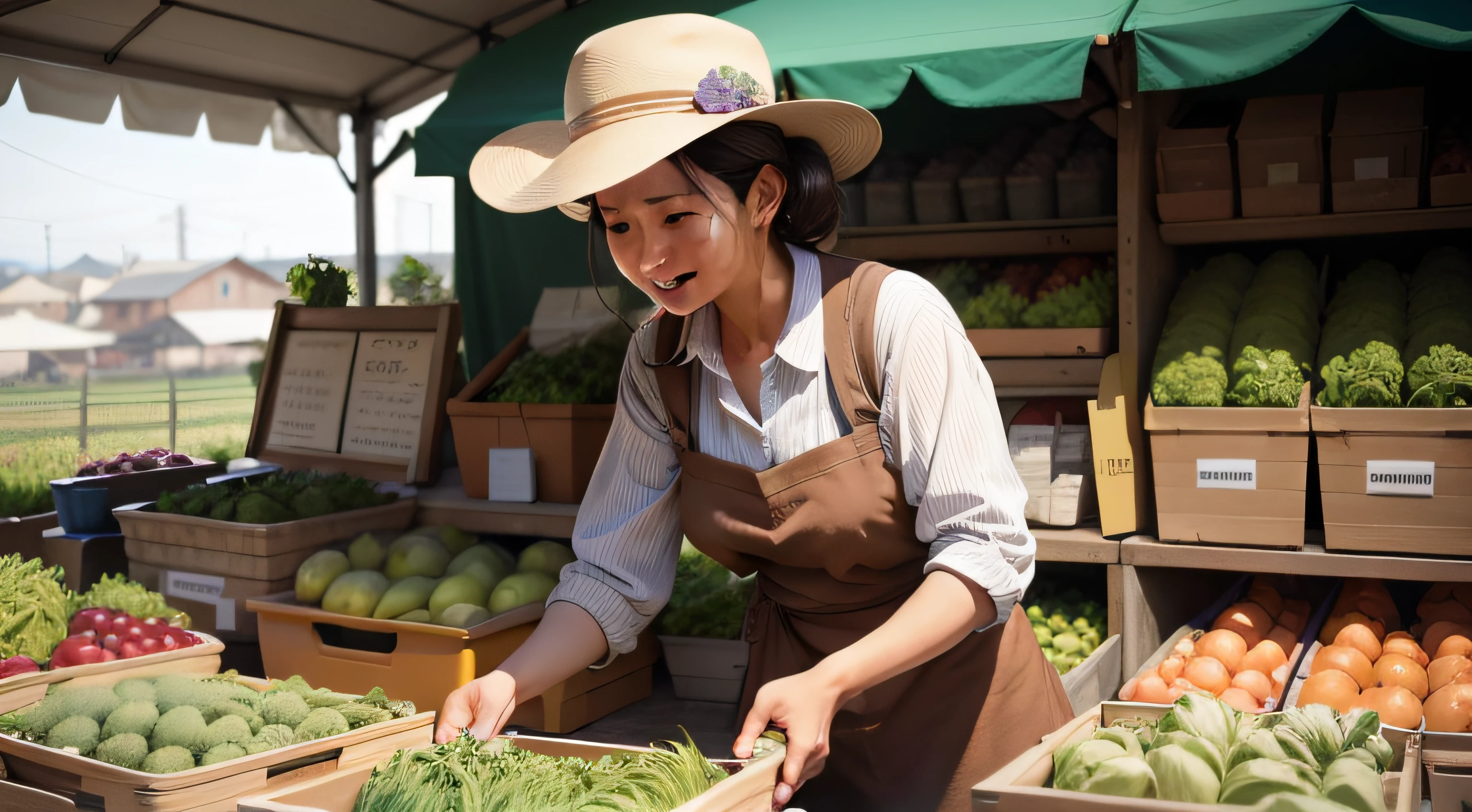 Friendly woman tending an organic vegetable stall at a farmer's market and selling fresh vegetables from the rooftop garden
