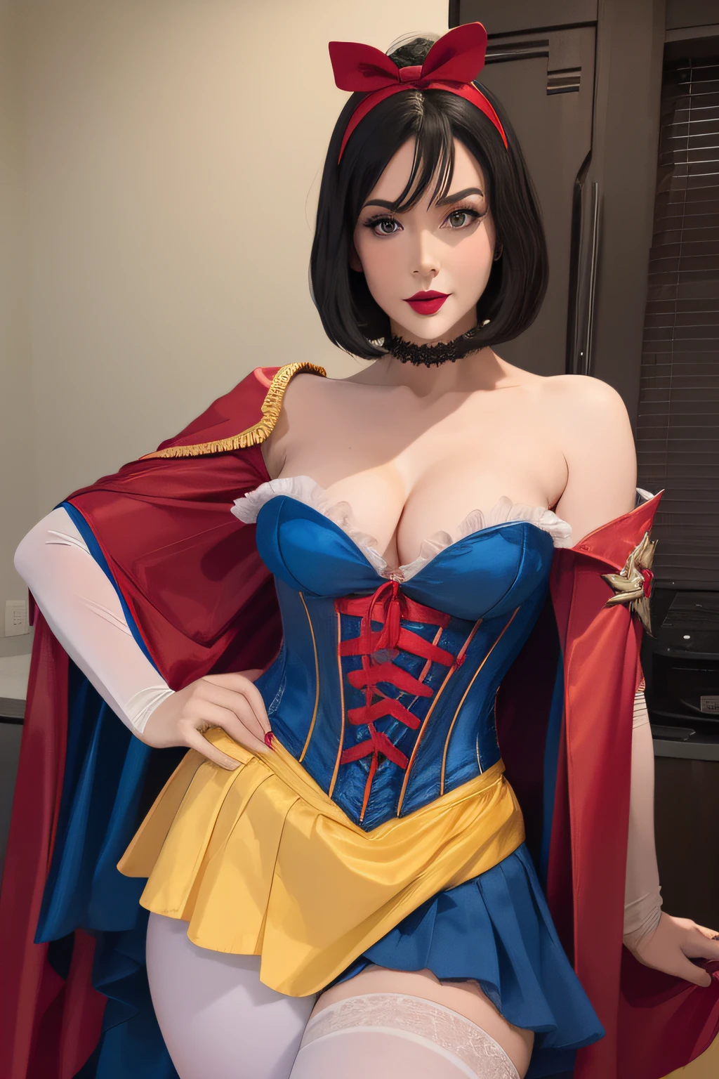 Beautiful woman, snow white cosplay, blue corset, yellow pleated skirt, red and white slashed shoulder sleeves, black bob hair, red headband, red cape, silk, satin, photorealistic, masterpiece, best quality, beautifully detailed face, detailed skin, white leggings, sexy