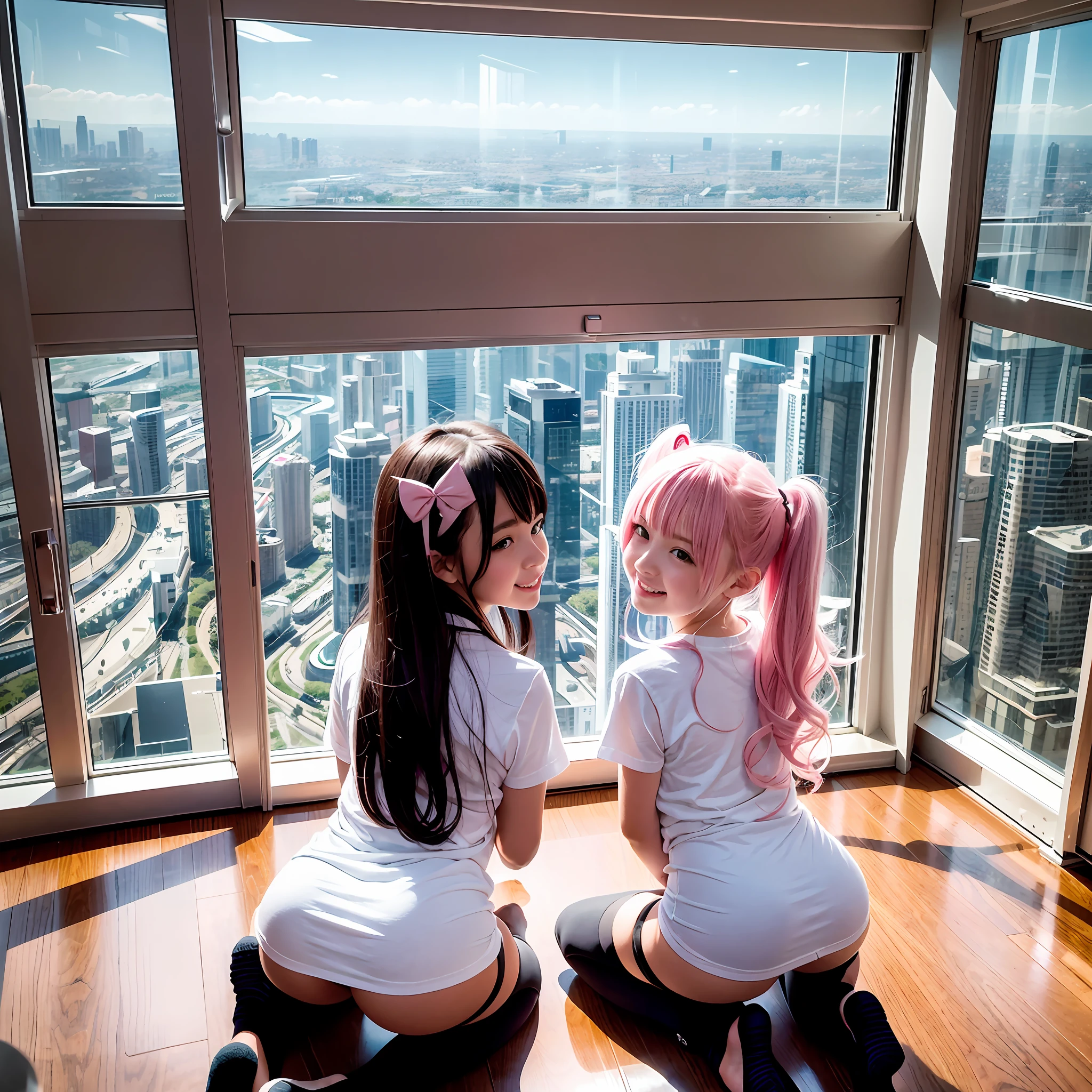 Floor-to-ceiling windows adjacent to the 180th floor of the Central Business District Tower，Two junior high school students kneeling in stockings host the show, Little girls，Pink double-tailed hair and cyan eyes，Anime little girl in servant costume，The little girl cocked her ass，Be red in the face