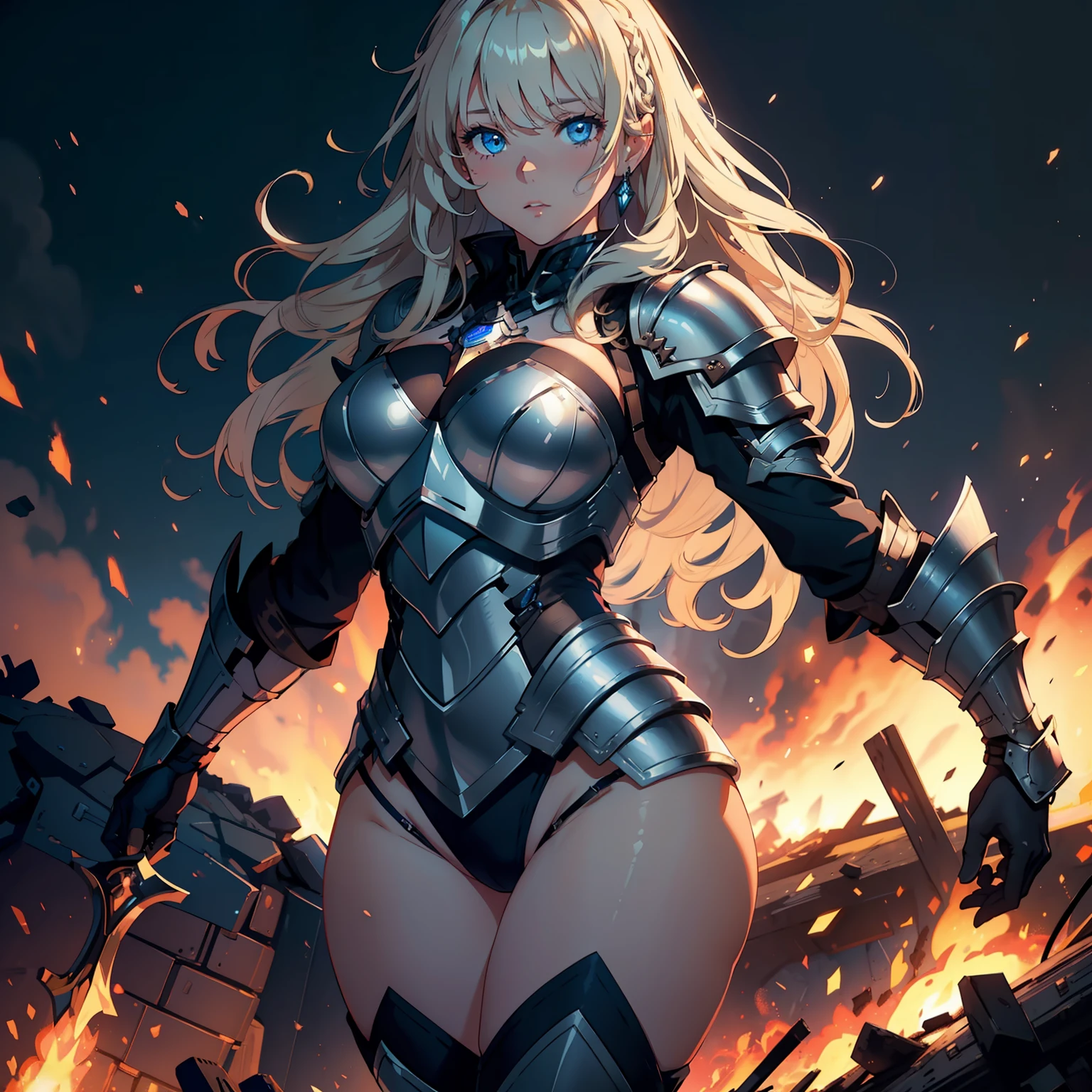 1 Girl, light blue eyes, big blonde hair, locks of hair, bangs, hair detail, strands of hair detail, (lights effect on hair), ((sexy white knight armor)), big chest, thick legs, thick thigh, backdrop, in the sky, surrounding fire, ambient detail, ultra-detailed