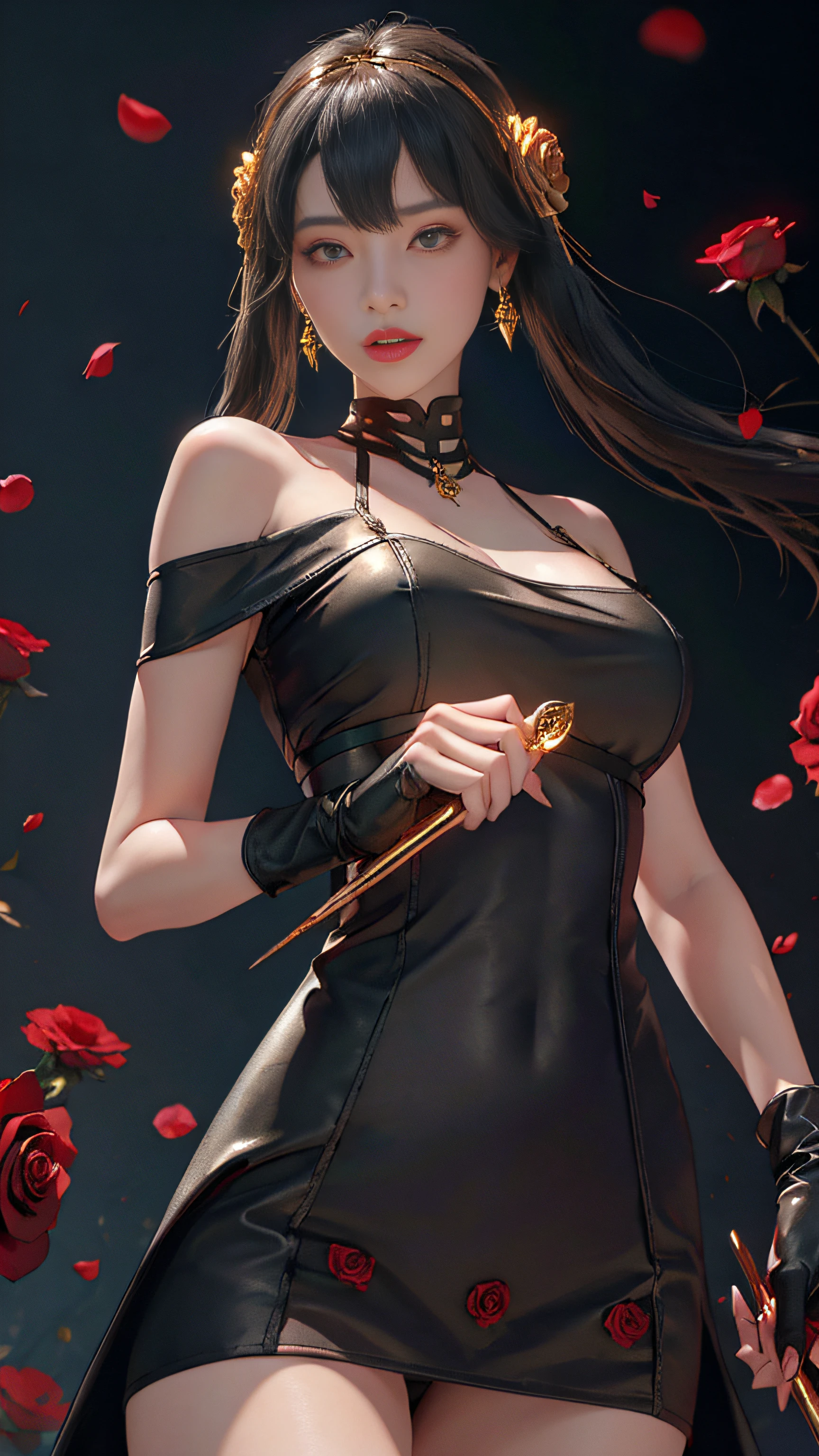 Yorbrier、

Super beautiful big glowing eyes、1girl in, in backlight, bare shoulders​, black backgrounds, Black Dress, Black Gloves, Dark hair, Bloods, Blood on the face, Blood in weapons, breastsout, Mouth closed, cowboy  shot, doress, 耳环, deadpan, Fingerless gloves, floting hair, with floral pattern, with floral pattern, florals, gloves, Gold Earrings, Gold Hair Band, flower in hair, hair adornments, shairband, ngel, holding weapon, jewely, large full breasts, light particules, length hair, looking at the viewers, Off shoulder dress、off shoulders、flower petals、red eyes、roses、Rose petals、Rose print、short hair with long locks、side locks、独奏、spikes、thighs thighs thighs thighs、two-sided dress、two-sided fabric、arma

、((​masterpiece))