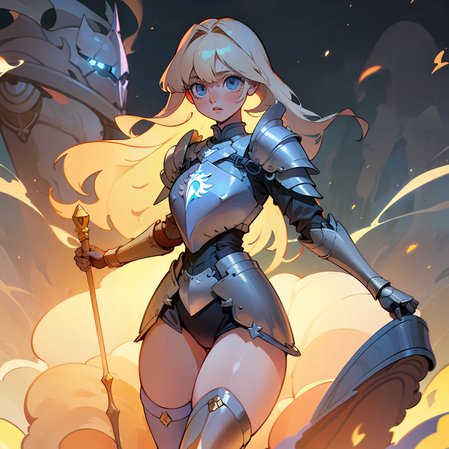 1 Girl, light blue eyes, big blonde hair, locks of hair, bangs, hair detail, strands of hair detail, (lights effect on hair), ((sexy white knight armor)), big chest, thick legs, thick thigh, backdrop, in the sky, surrounding fire, ambient detail, ultra-detailed