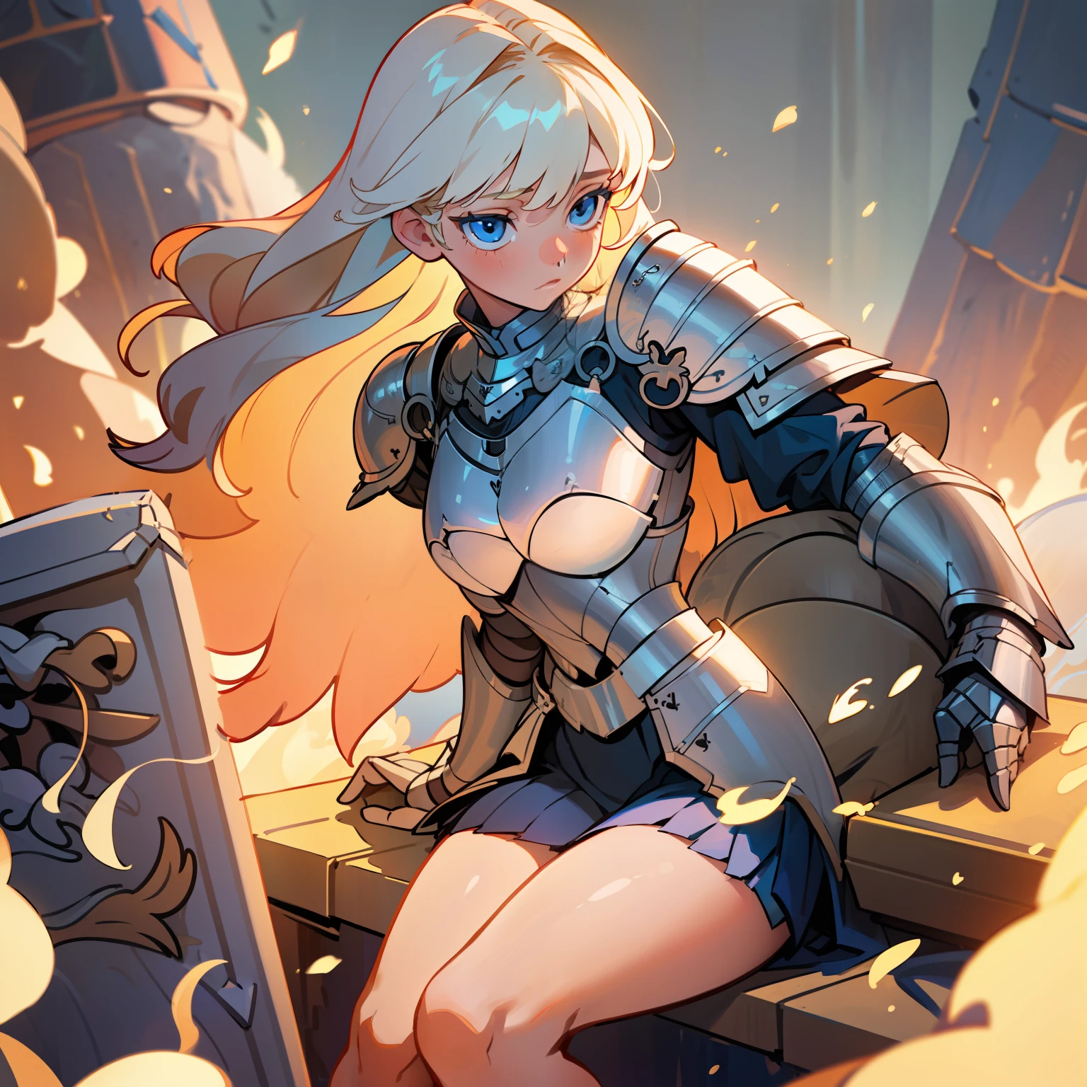 1 Girl, light blue eyes, big blonde hair, locks of hair, bangs, hair detail, strands of hair detail, (lights effect on hair), ((sexy white knight armor)), big chest, thick legs, thick thigh, backdrop, in the sky, surrounding fire, ambient detail, ultra-detailed