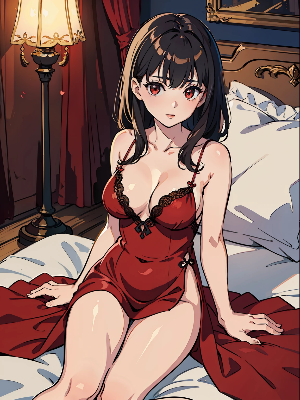 Amazing,  最好质量 , Ultra-detailed, A high resolution, Extremely detailed,Best quality ,Masterpiece, illustration, An extremely delicate and beautiful, Extremely detailed ,CG ,8K wallpaper, Amazing, finedetail, Masterpiece,Best quality,offcial art,,closeup cleavage,volumettic light,Mood lighting,((the night)),（starrysky），There are petals on the bed,𝓡𝓸𝓶𝓪𝓷𝓽𝓲𝓬,True light source,1girll,thighs focus,brunette color hair,((Loose red silk nightdress)),Sit on a large red bed,Red pillow，((Red silk sheets))，smallunderboob,M open legs,Bare legs,Absolute realm