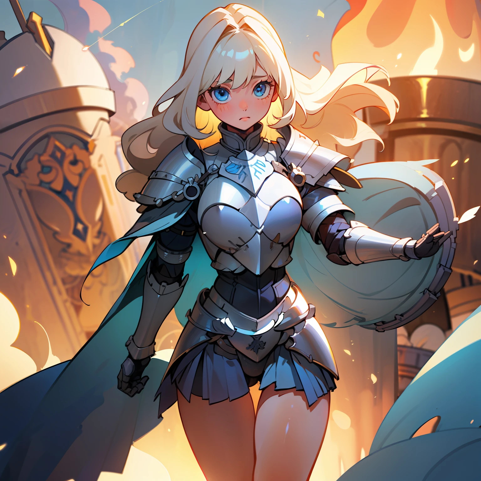 1 Girl, light blue eyes, big blonde hair, locks of hair, bangs, hair detail, strands of hair detail, (lights effect on hair), ((sexy white knight armor)), big chest, thick legs, thick thigh, backdrop, in the sky, surrounding fire, ambient detail, ultra-detailed