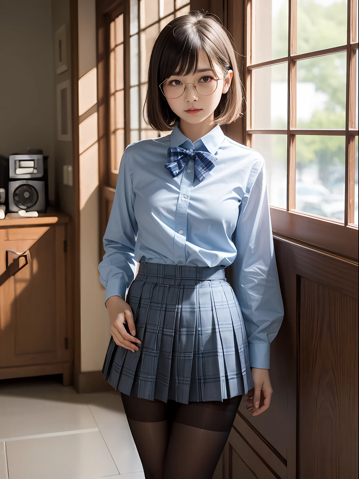 (8K、Raw photography、top-quality、masterpiece:1.2),Erotic,Pupils,Light Blue Bra,de pele branca,kne,(Black pantyhose),absurderes,a small face,small tits,flat breast,Parting the bangs from the middle、Forehead visible,(a cold expression<Tight eyes,glares,Bullish,skinny,Rasping,irate)、masterpiece,top-quality、超A high resolution,Raw photo,ren,Beautiful fece,One Person, 独奏,eye glass,,Dark look,Small breasts,fullllbody,Round glasses、cute little、JK school uniform,hi-school girl,A Japanese Lady,is standing,(Photorealsitic:1.37)、Photon mapping,Light blue ribbon,Realistic、Cute little face,Brown-eyed、Black socks、(Red bow tie)、Radio City、Physically Based Rendering、Foreground、depth of fields、Blurry background、a picture,The girls、Body,beauty legs, Long legs, Thin leg,Long bob cut,(Bangs are visible), hair, s lips, Blue_The eye, nosesoft,(Light blue shirt), (Navy and blue and white plaid pleated skirt), Knees are visible,Sheer clothing,, Thigh, Black cotton socks,Nogizaka Idol, 女優, Japanese ido