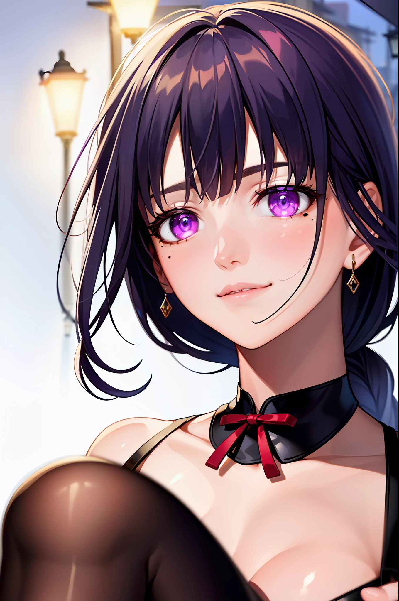 (photorealistic:1.4), best quality, masterpiece, 1 Girl, shogun raiden \(genshin impact\), ((Sitting on a Bench)), micro bikini, Red Bowtie, Earrings, Jewelry, (detailed clothes feature), detailed skin texture, Looking towards the Audience, Beautiful Eyes, Solo, ((seductive look:1.3)), (((plain white background))), (black hightights), (cute face, hyper detailed face:1.3, symmetry eyes), purple eyes, glowing eyes, (mole under eye:1.2), purple hair, braid, braided ponytail, long hair, medium breast, from front, best shadow, perfect shadows, warm colors, (night time), (streetlights:1.3), full body, from front, far shot,