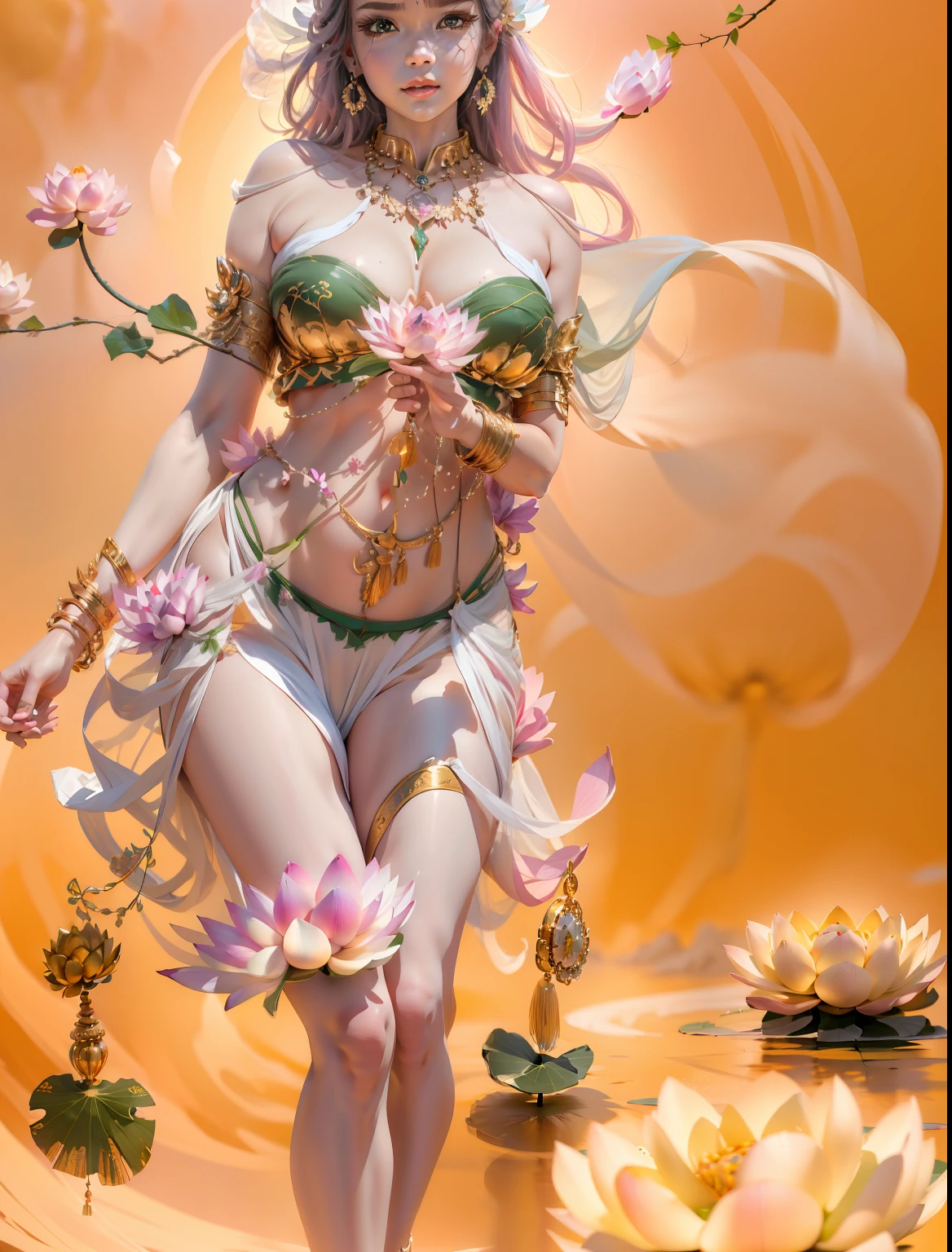The perfect goddess stands in the sky among the lotus bushes,pretty body,The facial features are delicate and beautiful,White skin of the,Smooth and delicate,Holding a lotus flower,middlebreast,Curly grass fly,Yingluo,flower ring,No clothes,There are various flowers around the body,((There are flowers in the air)),The body is wrapped around the body with gemstones and flower vines,Many streamers flutter in the wind,Gemstones and jadeite are connected with green stems to decorate the body,(The body is surrounded by dense flower branches),Correct human posture,Correct anatomy,Magical world,Artistic effects,with blue sky and white clouds,rich colours,The colors are natural,Extremely high imagination,Perfect artistic effect,Shadows are clear,ultra-realistic realism,Real Photographics,Ultra HD images,High quality detailing, Cinematic lighting,((Contre-Jour)),absurderes, unbelievable Ridiculous, hugefilesize, ultra - detailed, A high resolution, The is very detailed,best qualtiy,tmasterpiece,illustratio,The is very detailed,CG,unified,8k 壁纸,Amazing ,finely detailled,tmasterpiece