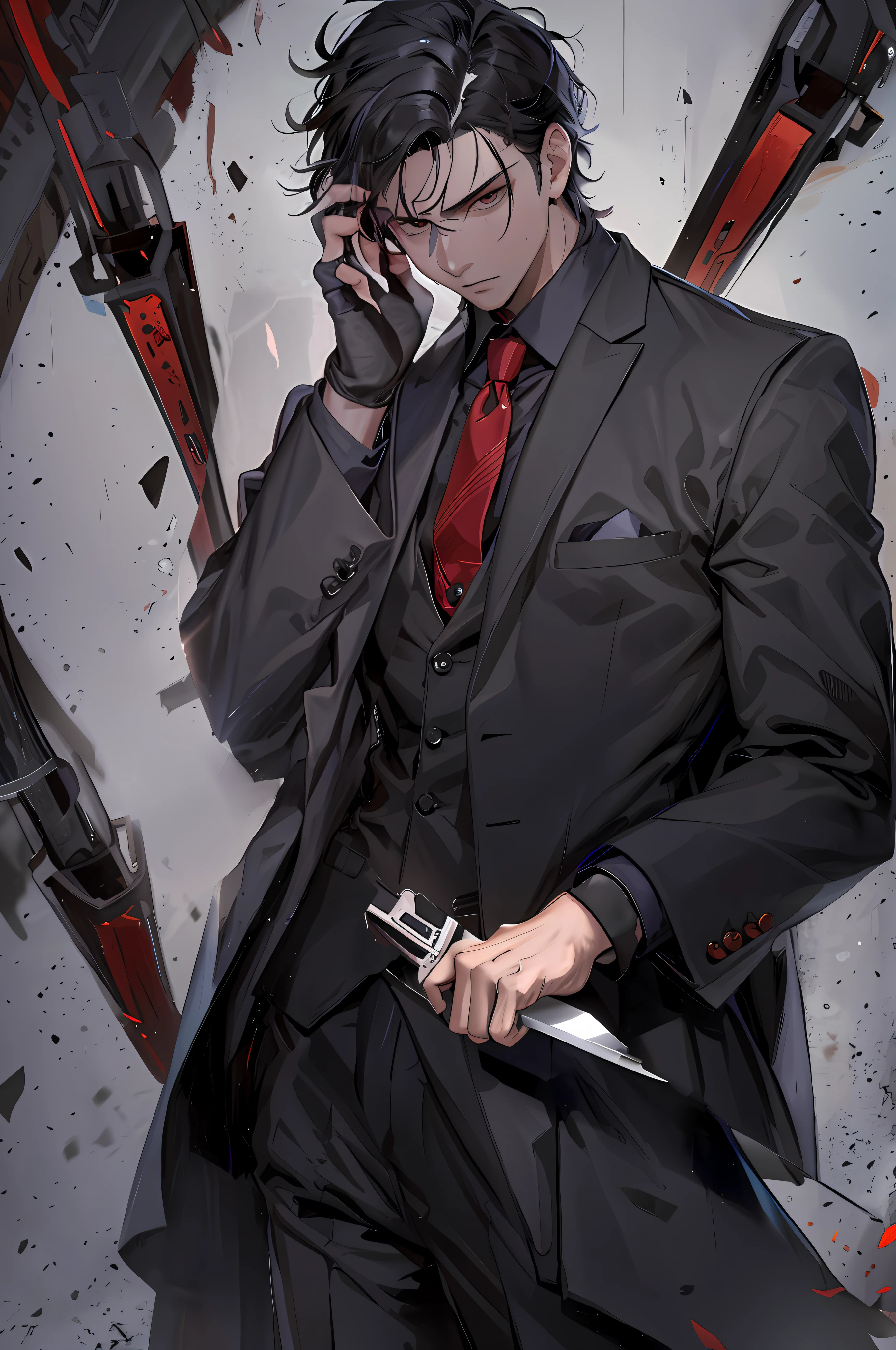 In black suit，black shirt