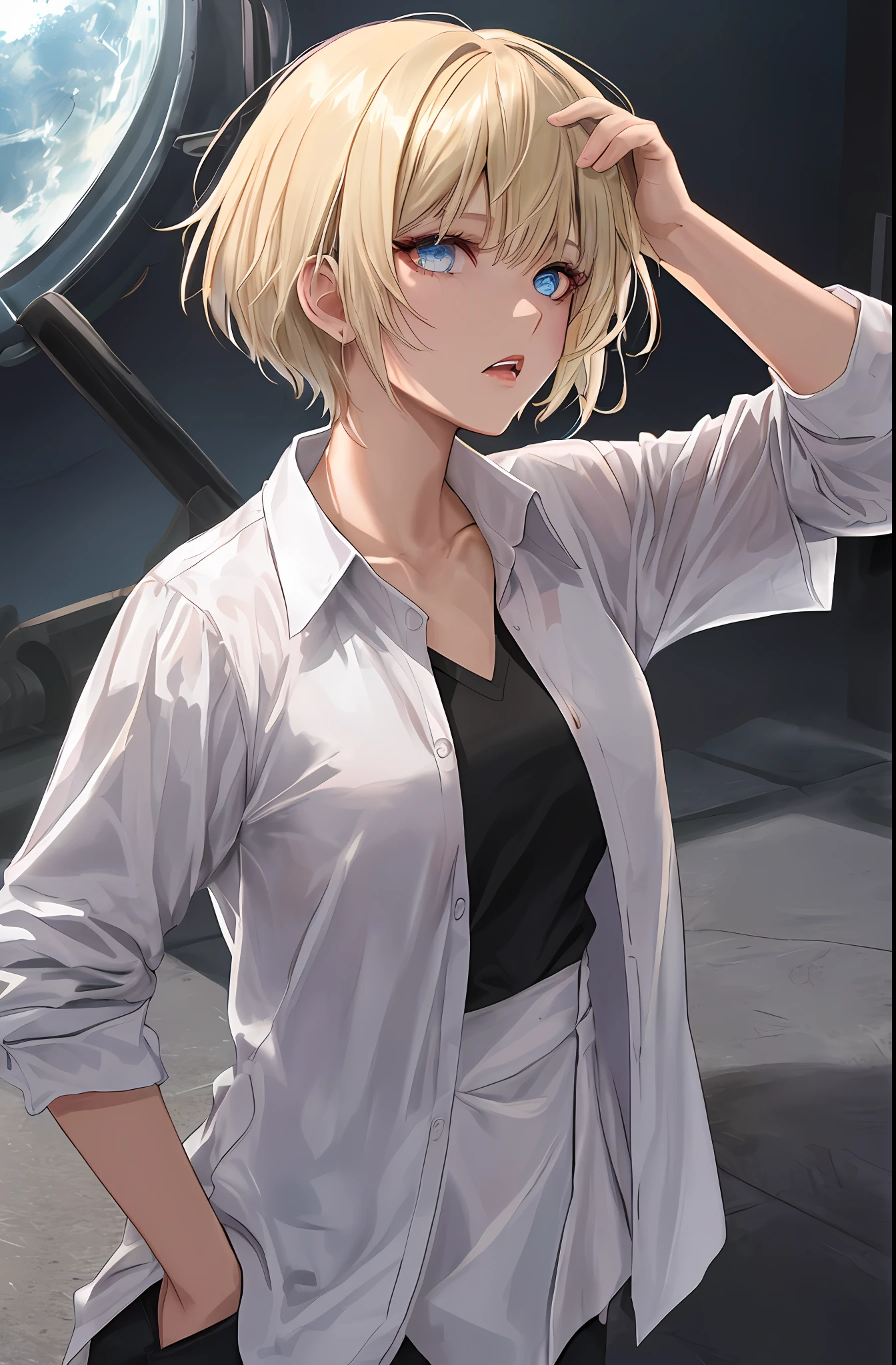 kk, melhor qualidade, mais detalhes, obra-prima, kaneki ken, 1 girl, foco feminino, solo, heterocromia, fundo preto, franja, olhos vermelhos, olho cinzento, cabelo curto, camisa, hand up, cabelo branco, camisa de colarinho, esmalte, camisa preta, Split lips, olhando para o espectador, parte superior do corpo, dentes, unhas pretas, luxo, 8k, detalhado, ray tracing, profundidade de campo, cinematic lighthing, sangue,unhas bem desenhadas, dedos normais