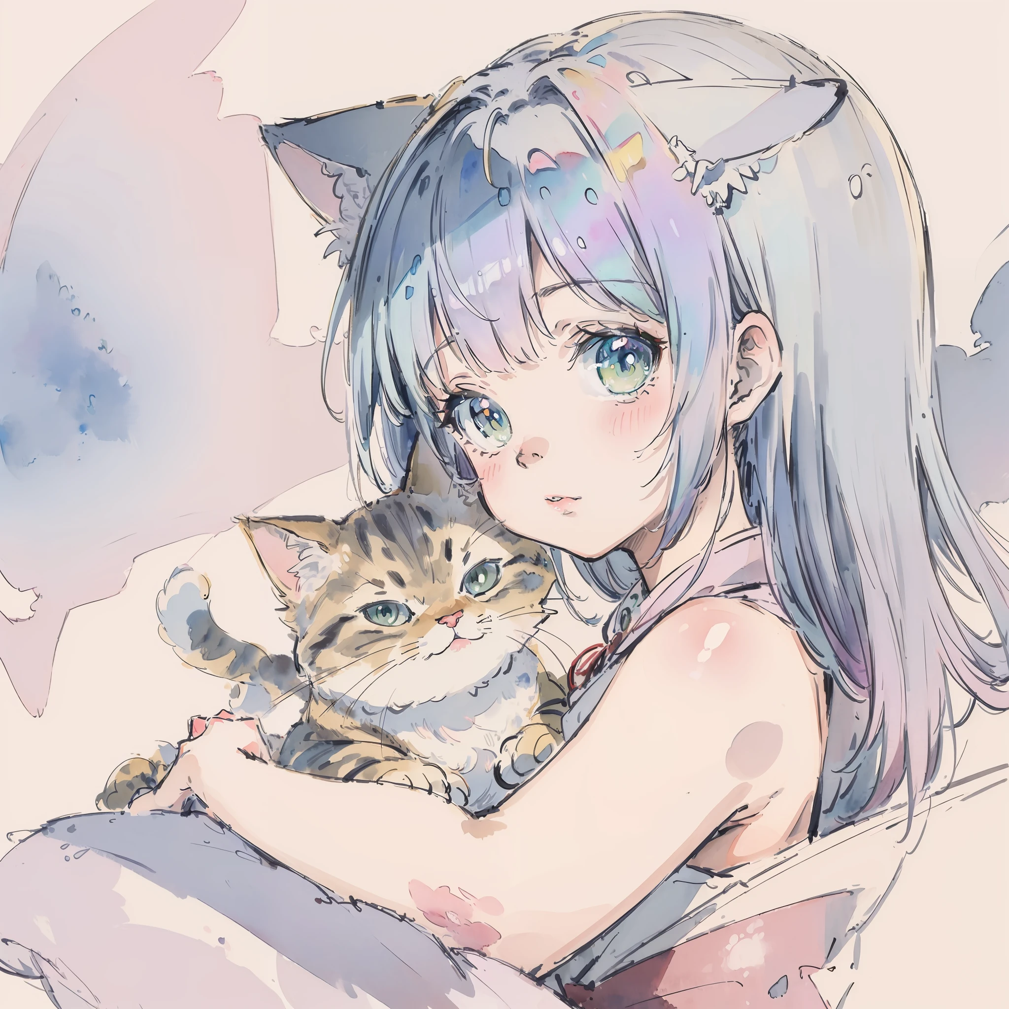 ((Best quality1.2、masutepiece))、((watercolor paiting))、((Take a cute cat))、kawaii、(Iridescent hair 1.2)
