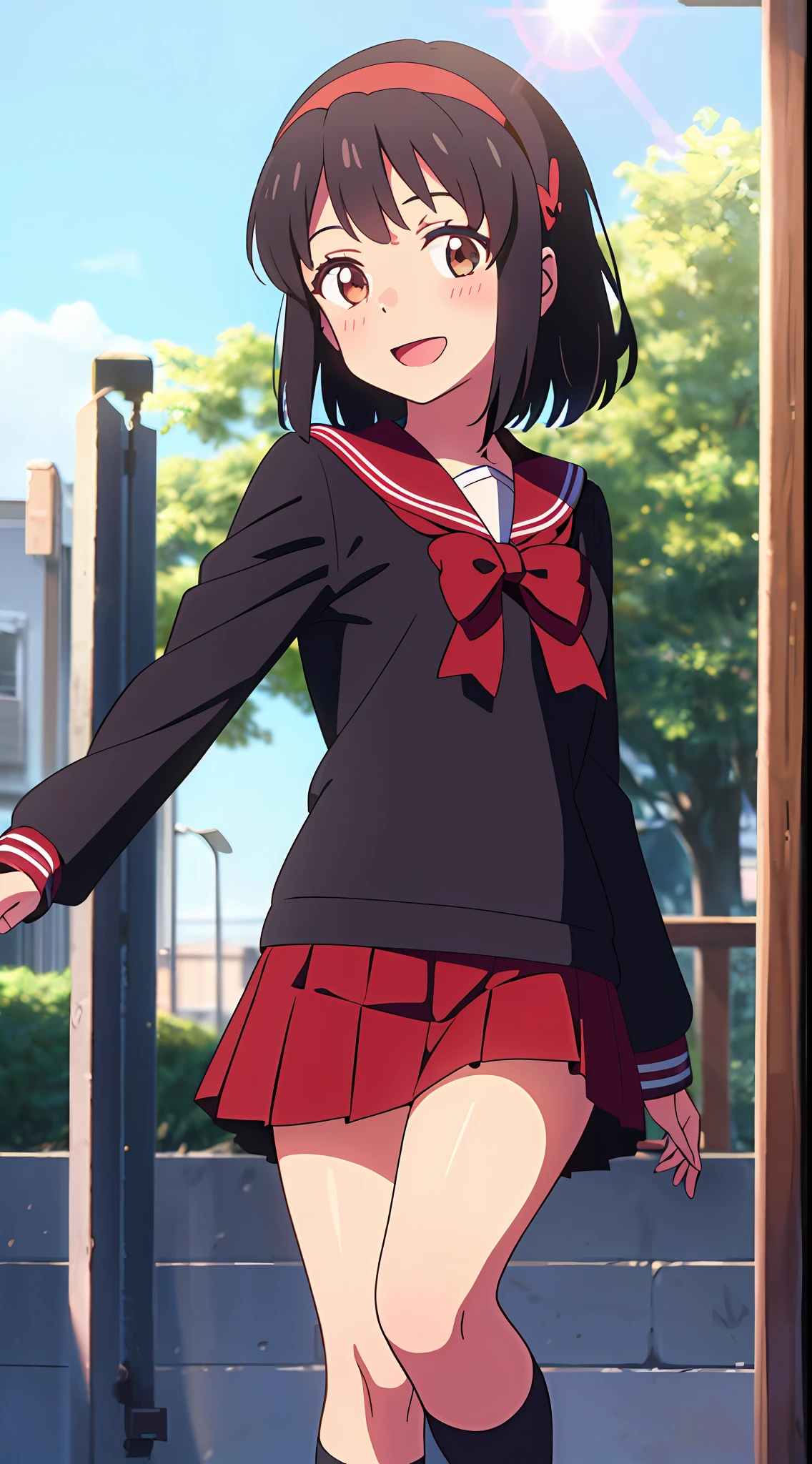 shinkai makoto, kimi no na wa., 1girl, bangs, black hair, blush, brown eyes, sky, cloud, sailor collar, red sailor collar, sailor color, red sailor color, serafuku, looking at the viewer, outdoors, headband, red headband, ribbon, red ribbon, bow, red bow, school uniform, short hair, solo, shirt, white shirt, skirt, red skirt, pleated skirt, long sleeves, upper body, smile, happy, open mouth, lens_flare, afternoon hangout
