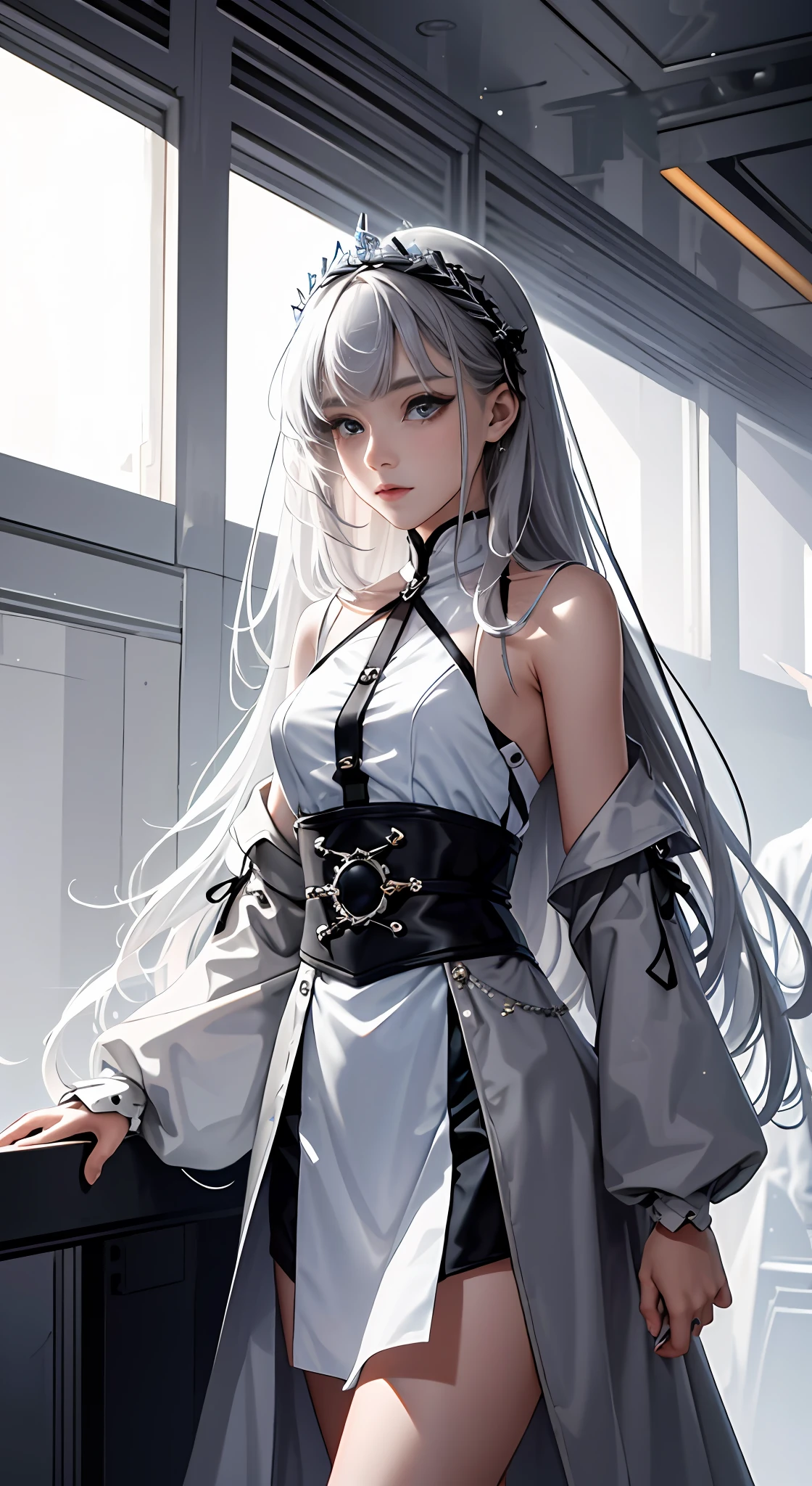 extremaly detailed cg，A high resolution，best qualtiy，tmasterpiece，（a beauty girl：1.3），（GameCG），hutaodef，>_，Gray tunic，long whitr hair，Modern fashion