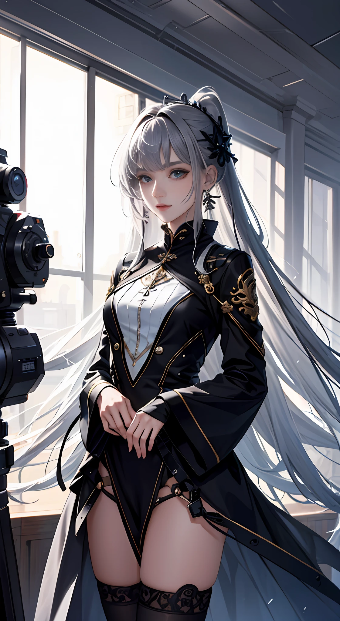 extremaly detailed cg，A high resolution，best qualtiy，tmasterpiece，（a beauty girl：1.3），（GameCG），hutaodef，>_，Gray tunic，long whitr hair，Modern fashion