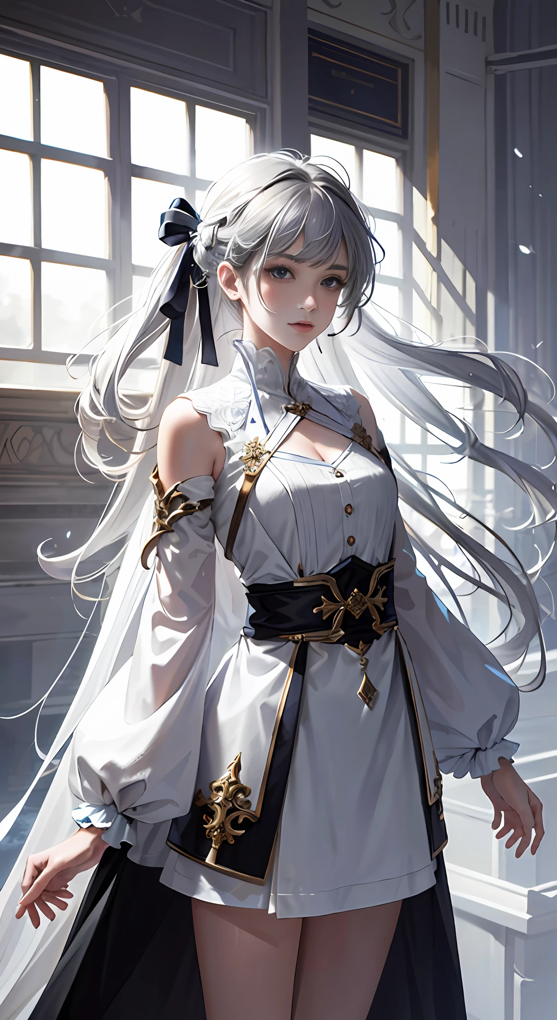 extremaly detailed cg，A high resolution，best qualtiy，tmasterpiece，（a beauty girl：1.3），（GameCG），hutaodef，>_，Gray tunic，long whitr hair，Modern fashion