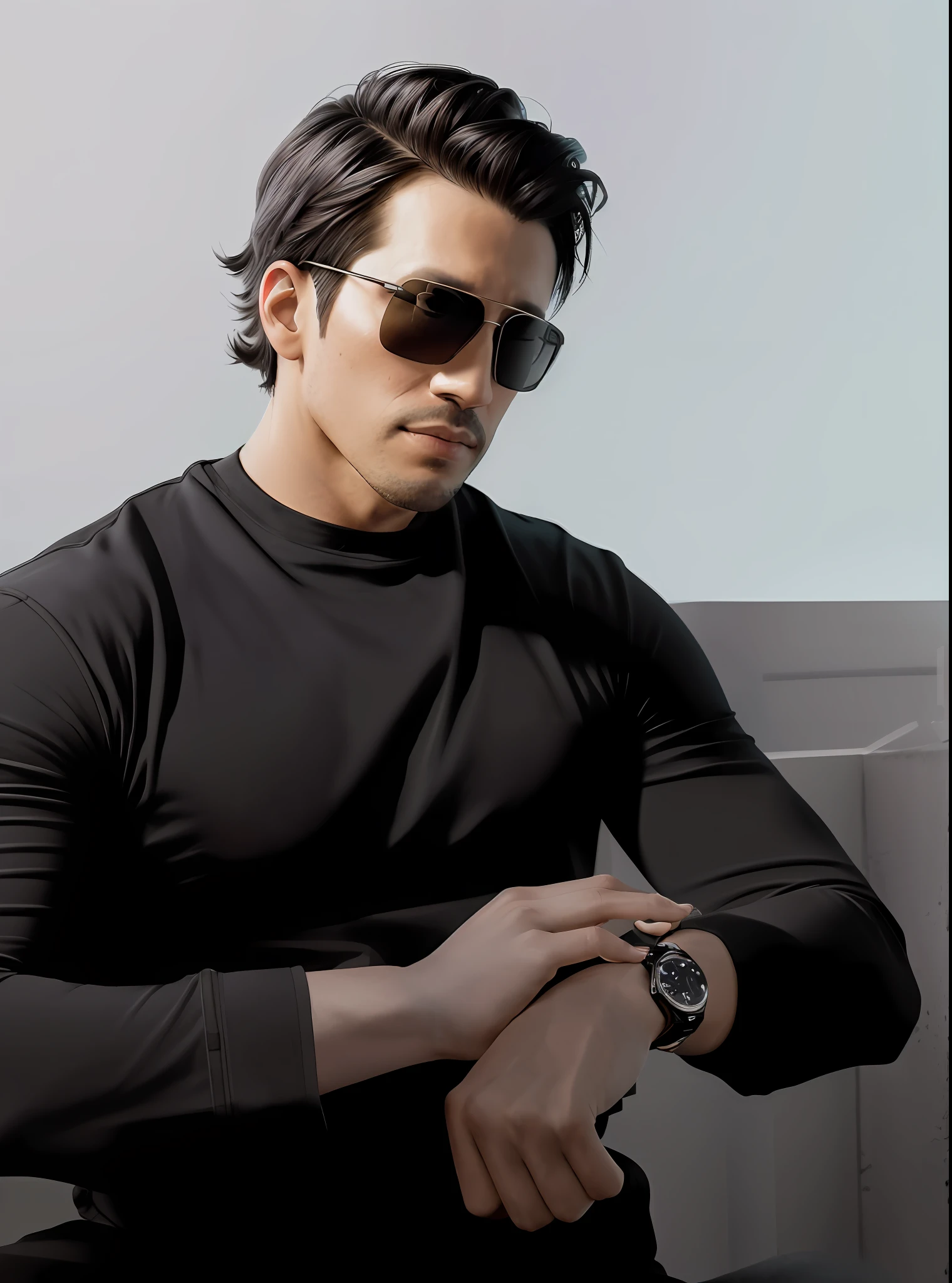There's a man with a watch on his wrist and a watch on his wrist, wearing oakley sunglasses, implanted sunglasses, technological sunglasses, polarized sports sunglasses, with sunglasses, Postagem no Reddit, arredores detalhados, roupas pretas robustas, aesthetic shot, Motivacional, with sun glasses, homem bonito, Raphael Personnaz, futuristic sunglasses, Markiplier, preciso e detalhado