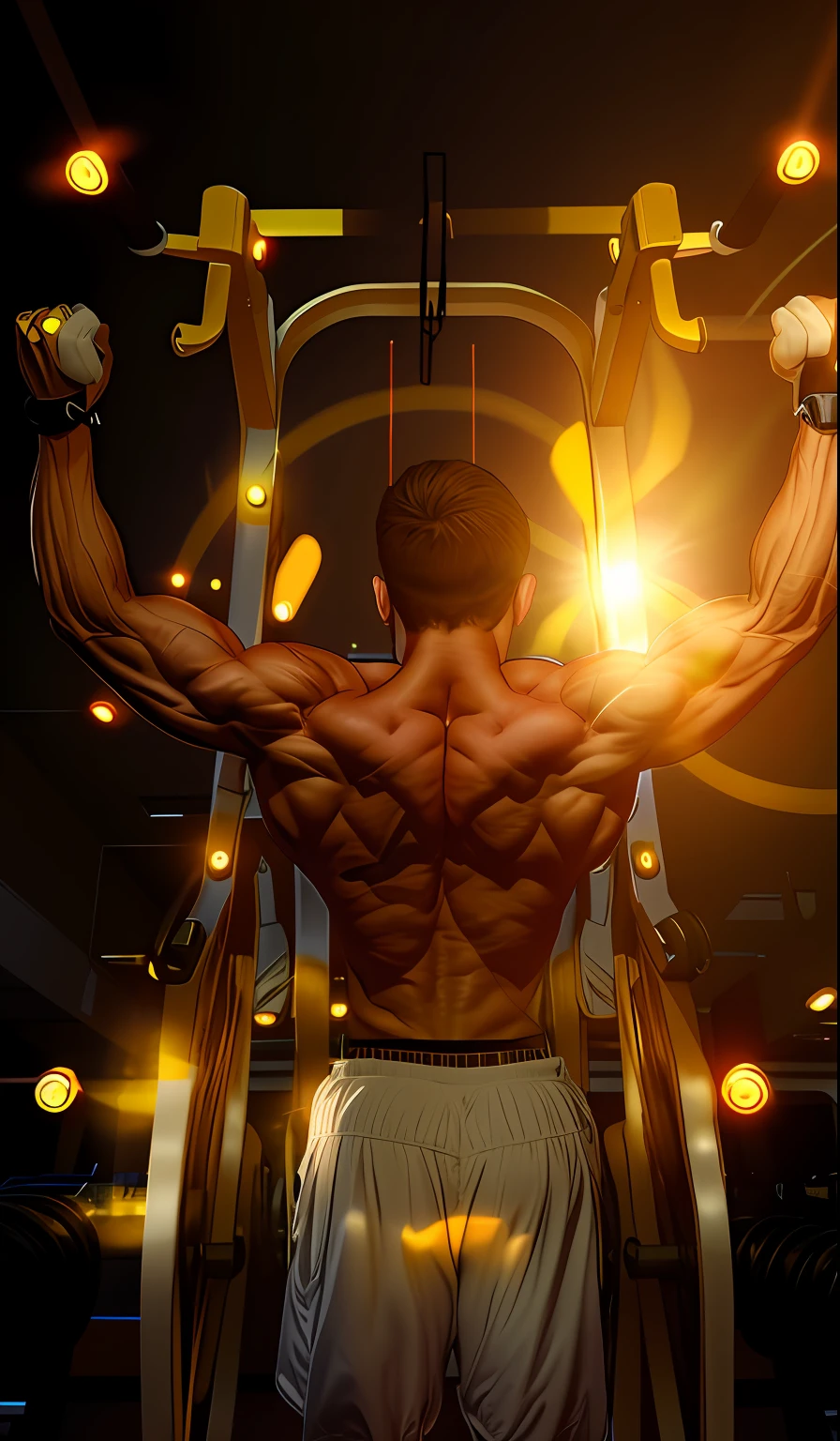 Arafeld man in white shorts doing pull-ups on yellow pull-up bars, in full growth from the back, symmetrical shoulders, exaggerated muscle physique, musculous, Exaggerated muscles, Arched back, hunchback, Perfect muscle structure, back stance, very symmetrical body, in full growth from the back, slender and muscular build, Bulging muscles
