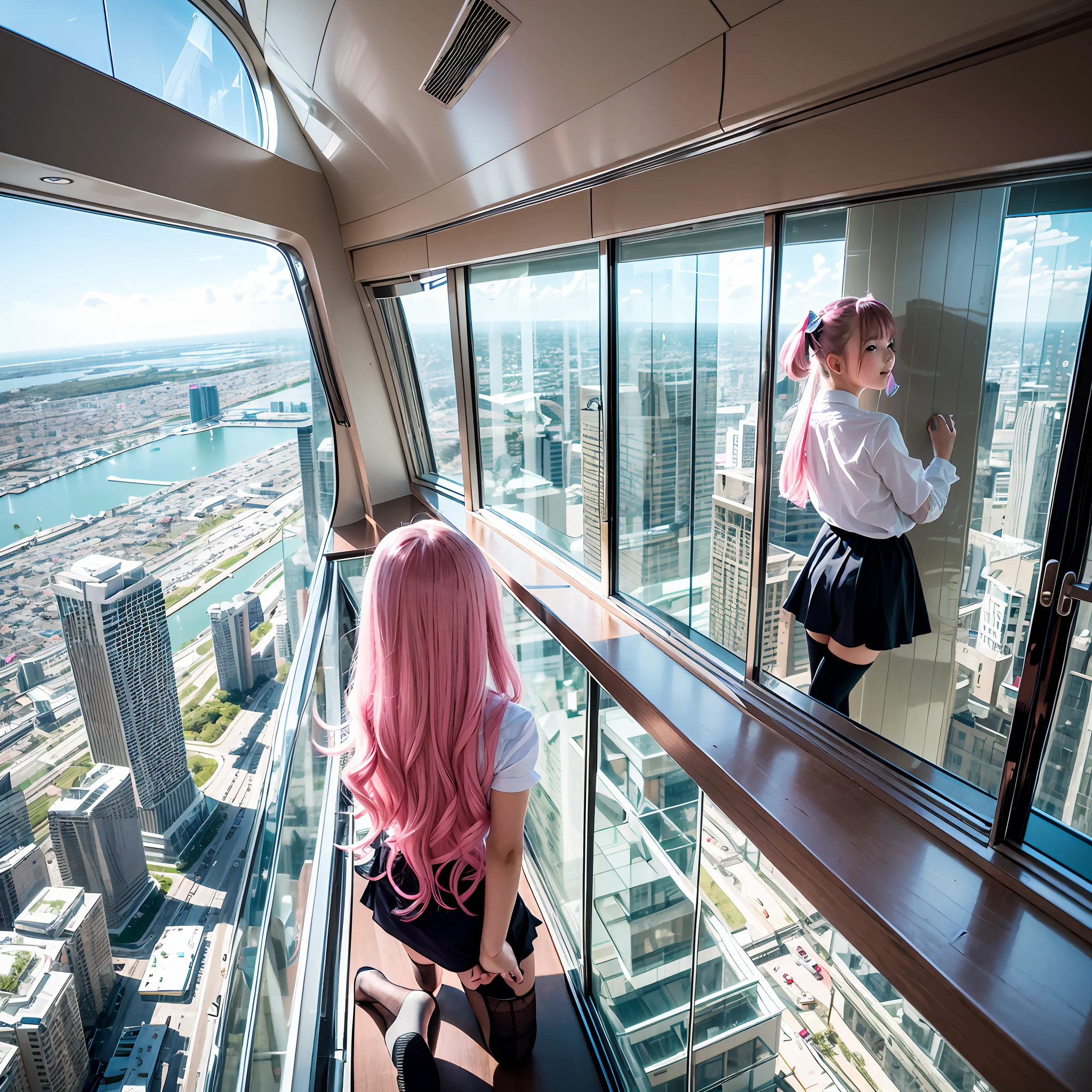 Floor-to-ceiling windows adjacent to the 180th floor of the Central Business District Tower,Two junior high school students kneeling in stockings host the show, s,Pink double-tailed hair and cyan eyes,Anime little girl costume,The little girl cocked her