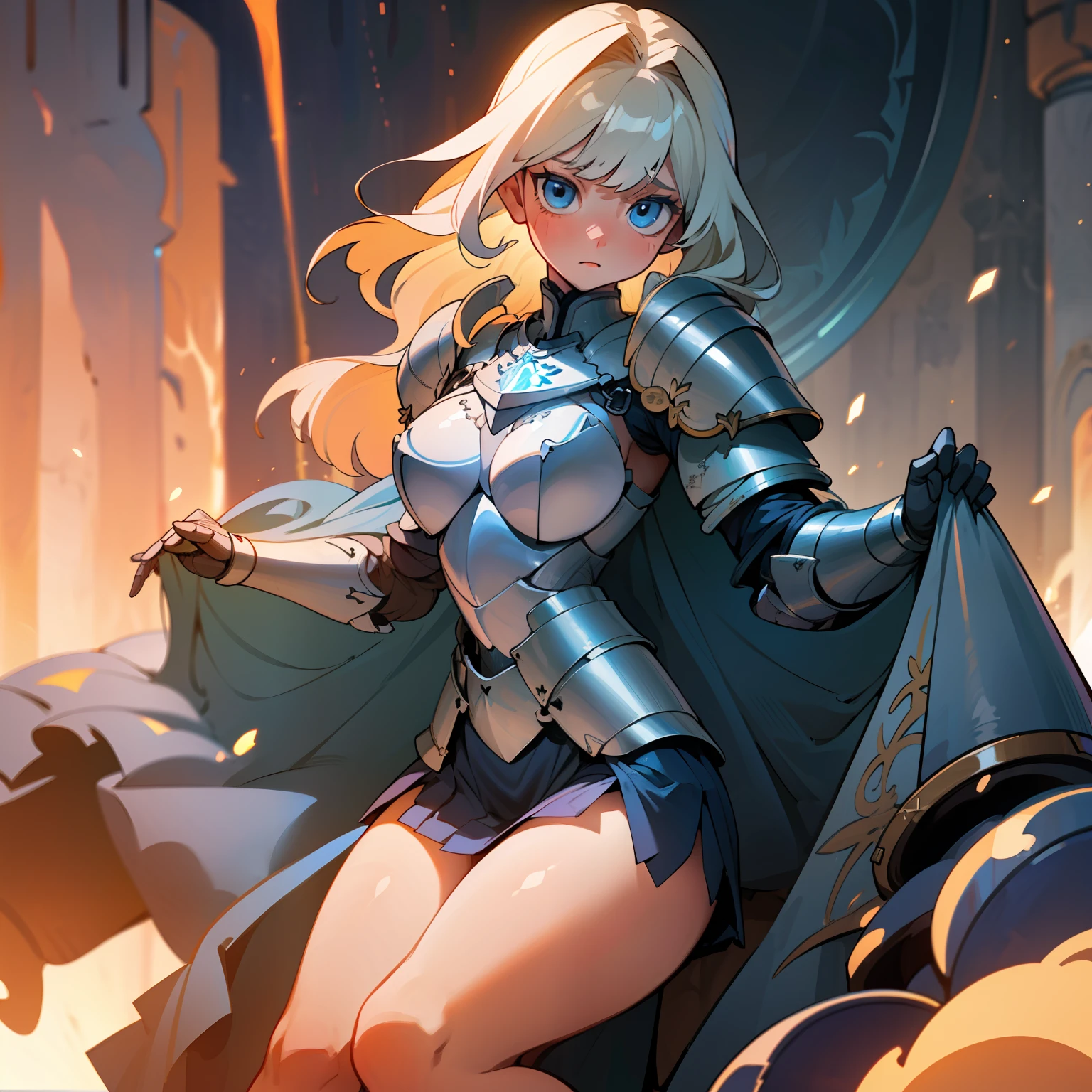 1 Girl, light blue eyes, big blonde hair, locks of hair, bangs, hair detail, strands of hair detail, (lights effect on hair), ((sexy white knight armor)), big chest, thick legs, thick thigh, backdrop, in the sky, surrounding fire, ambient detail, ultra-detailed