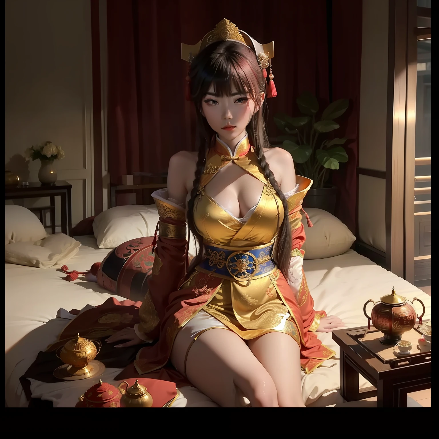 Chinese woman, 20 years old, traditional Chinese robes, Chinese queen, reveals cleavage, large breasts,