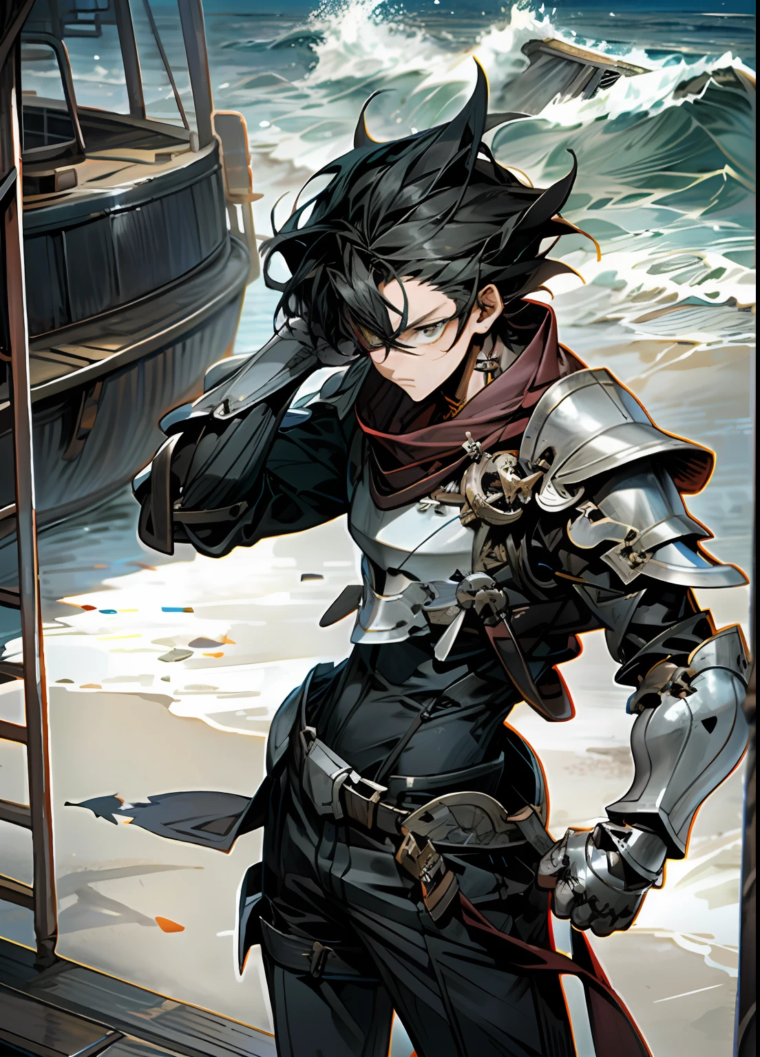 beachside，wearing leather armor，Anime boys，Stand above the deck of a broken ship