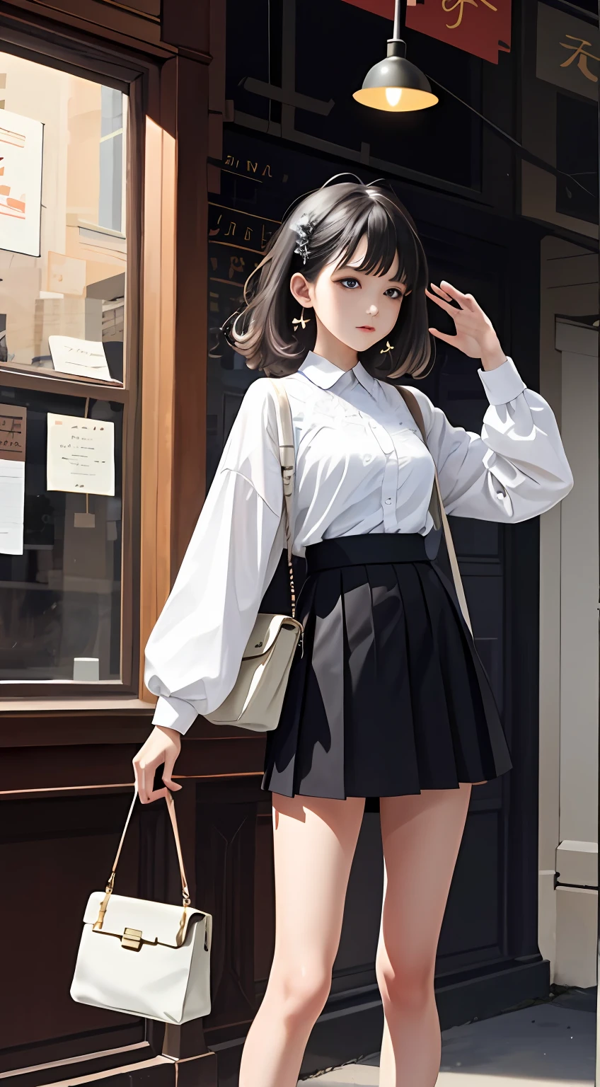 extremaly detailed cg，A high resolution，best qualtiy，tmasterpiece，（a beauty girl：1.3），（GameCG），hutaodef，>_pleatedskirt，short  skirt，Small handbag