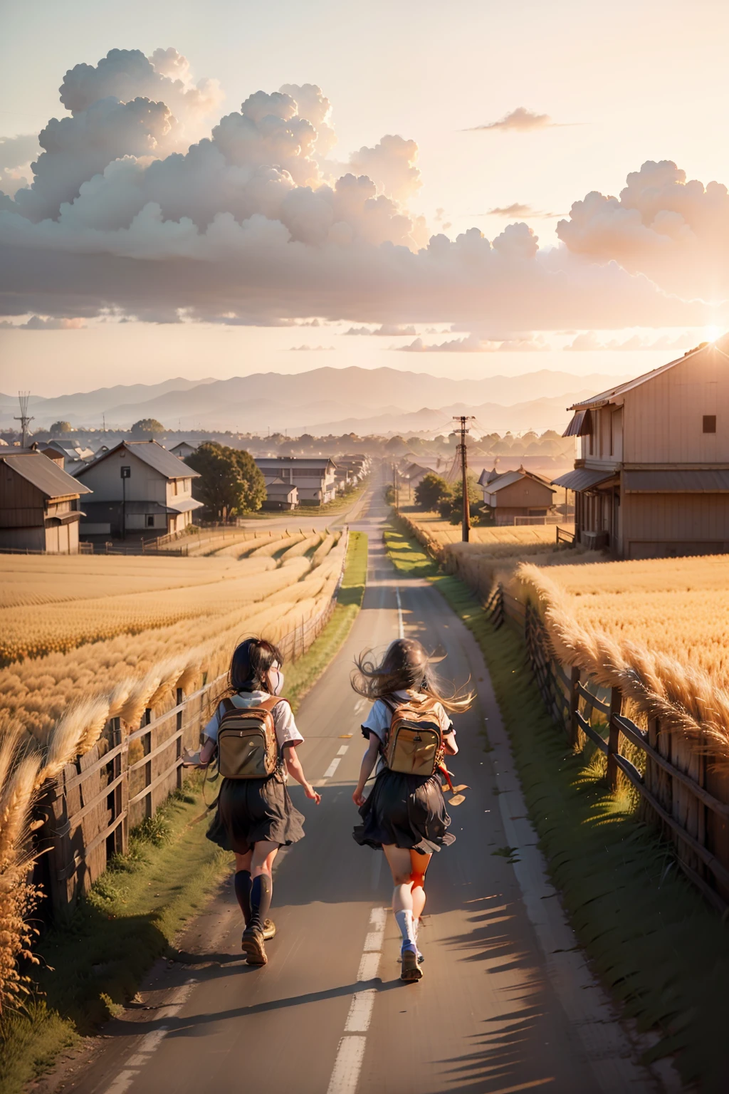 wheat field、Mai Lang、Children chasing after school in the distance,Utility poles in the distance、eventide、Nice sunset、Childhood memories、highly details、photorealestic