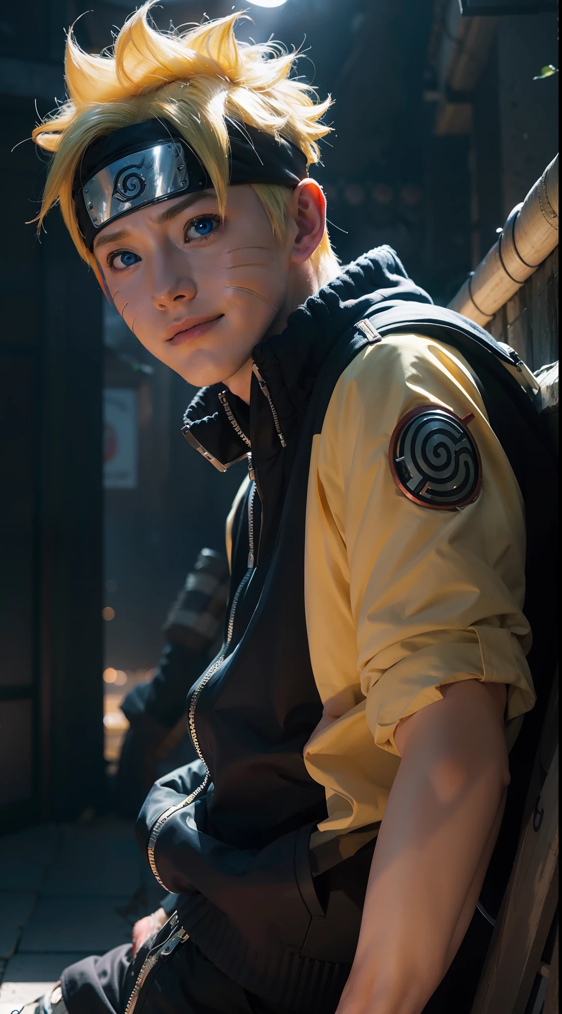 uzumaki naruto, 1boy, blue eyes, detailed naruto suit, looking at viewer, konohagakure symbol, gentle light smile, cinematic lighting, 16k wallpaper, masterpiece, best quality