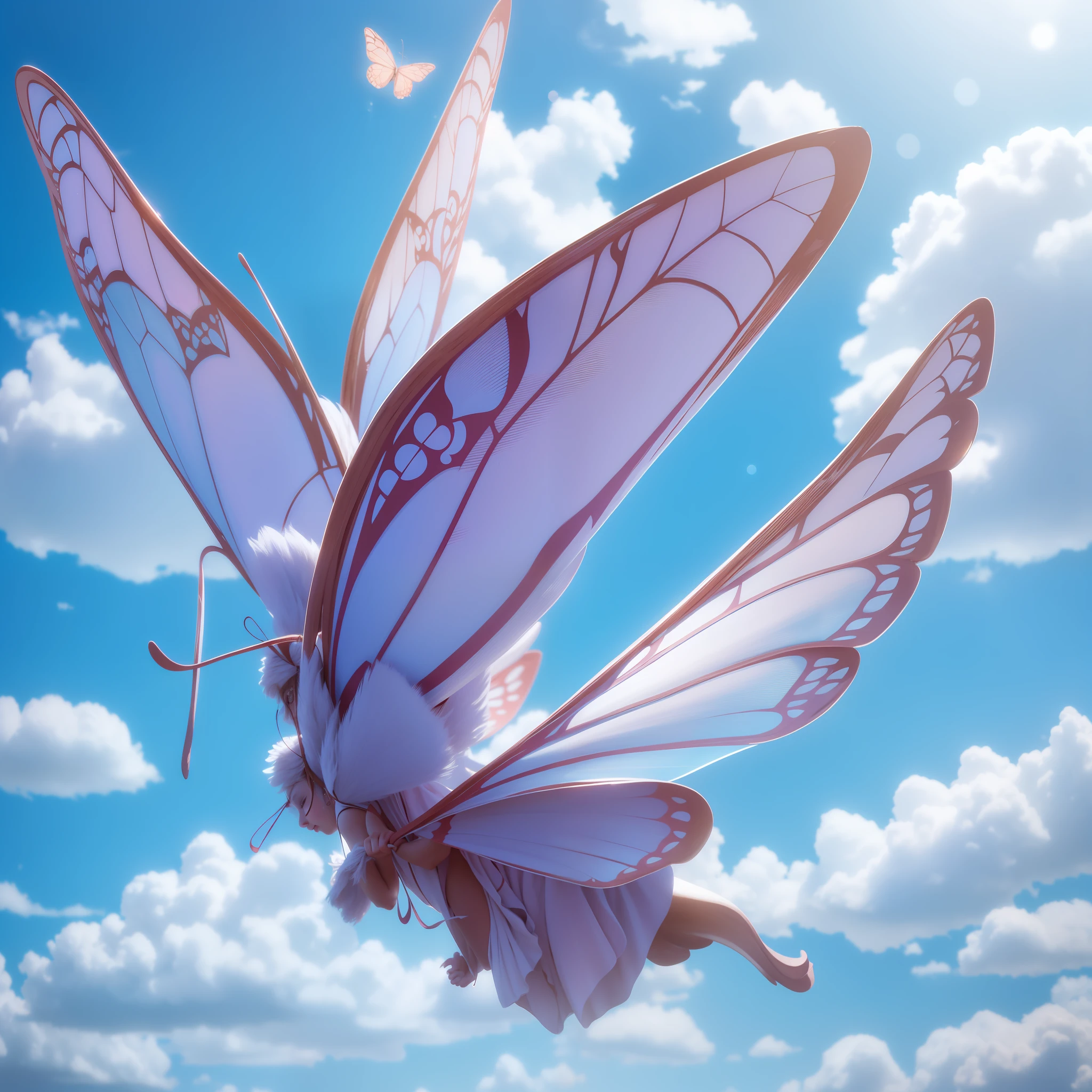 A butterfly with long wings flying high，upper sky
