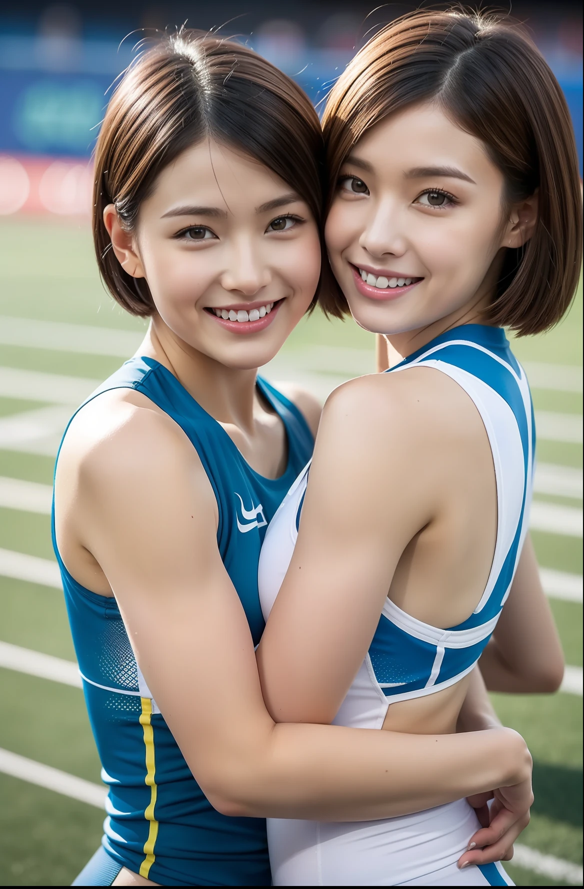 (((full bodyesbian)))、((Short-cut hairstyles))、Perfect style、beauty legs、kawaii、((Track & Field Athletes Women))、japanese beauty girl、(((1人)))、Competition uniforms、((stadium))、Transcendent cute、A slight smil、Beautiful breasts、full bodyesbian、athletic field、((Outstanding style))、((Healthy body))、 Photorealsitic、Beautiful detailed eyes、Hyper-Realism、highcontrast、Ultra HD、realistic skin textures、Top image quality、top-quality、超A high resolution、Fine details、Very meticulously