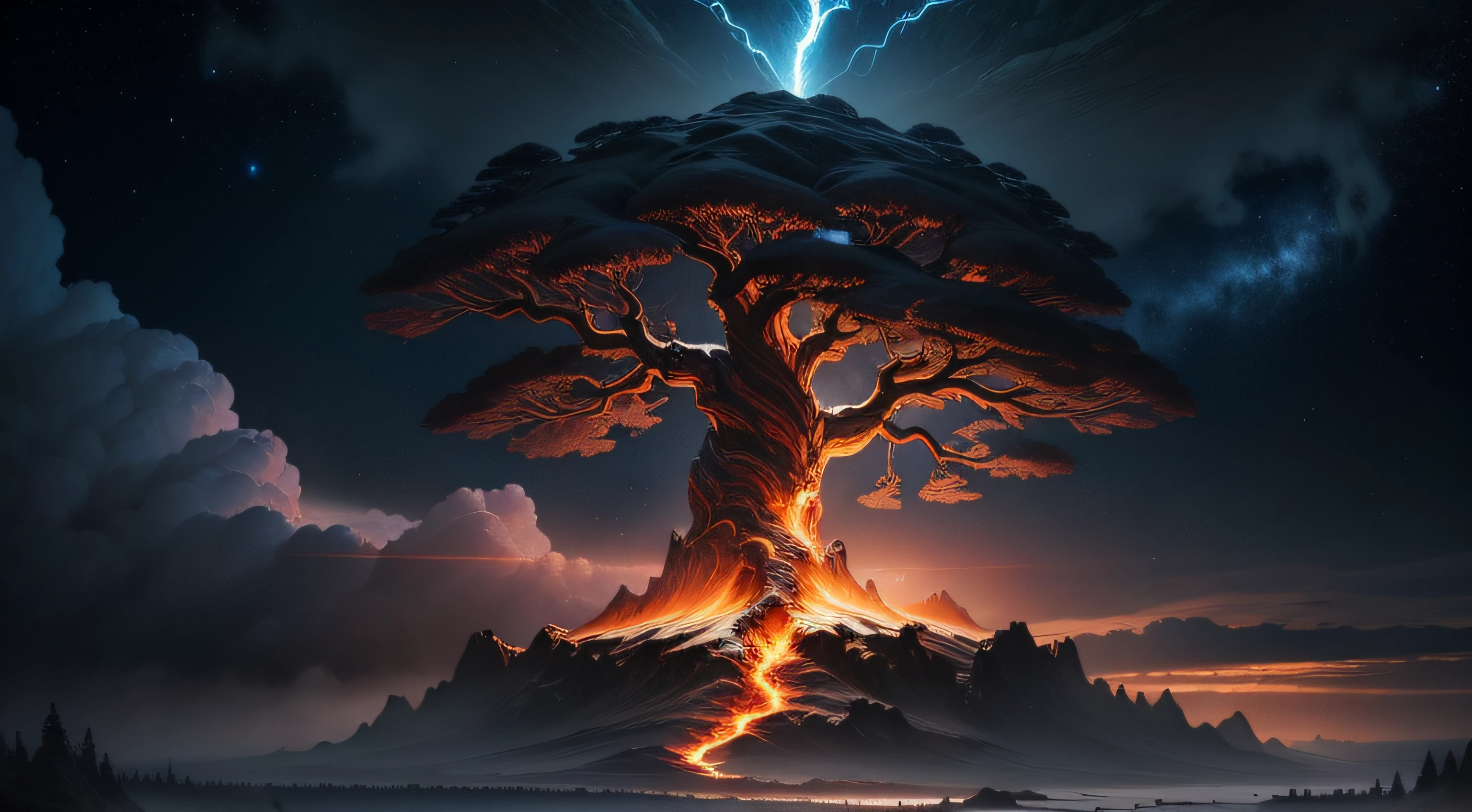 Igdrasil World Tree，To its left is volcanic and magma，To its right are glaciers and blizzards，It is surrounded by fog，The sky is stacked with dark clouds and lightning，A golden light penetrated the clouds and shone on its trunk
