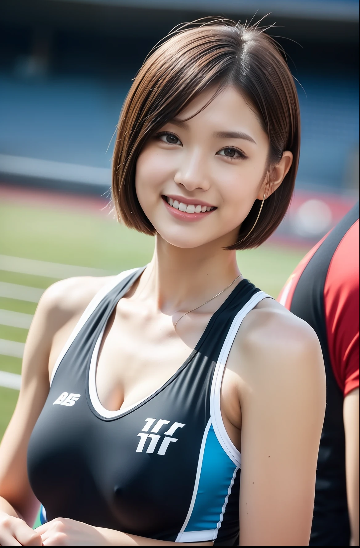 (((full bodyesbian)))、((Short-cut hairstyles))、Perfect style、beauty legs、kawaii、((Track & Field Athletes Women))、japanese beauty girl、(((1人)))、Competition uniforms、((stadium))、Transcendent cute、A slight smil、Beautiful breasts、full bodyesbian、athletic field、((Outstanding style))、((Healthy body))、 Photorealsitic、Beautiful detailed eyes、Hyper-Realism、highcontrast、Ultra HD、realistic skin textures、Top image quality、top-quality、超A high resolution、Fine details、Very meticulously