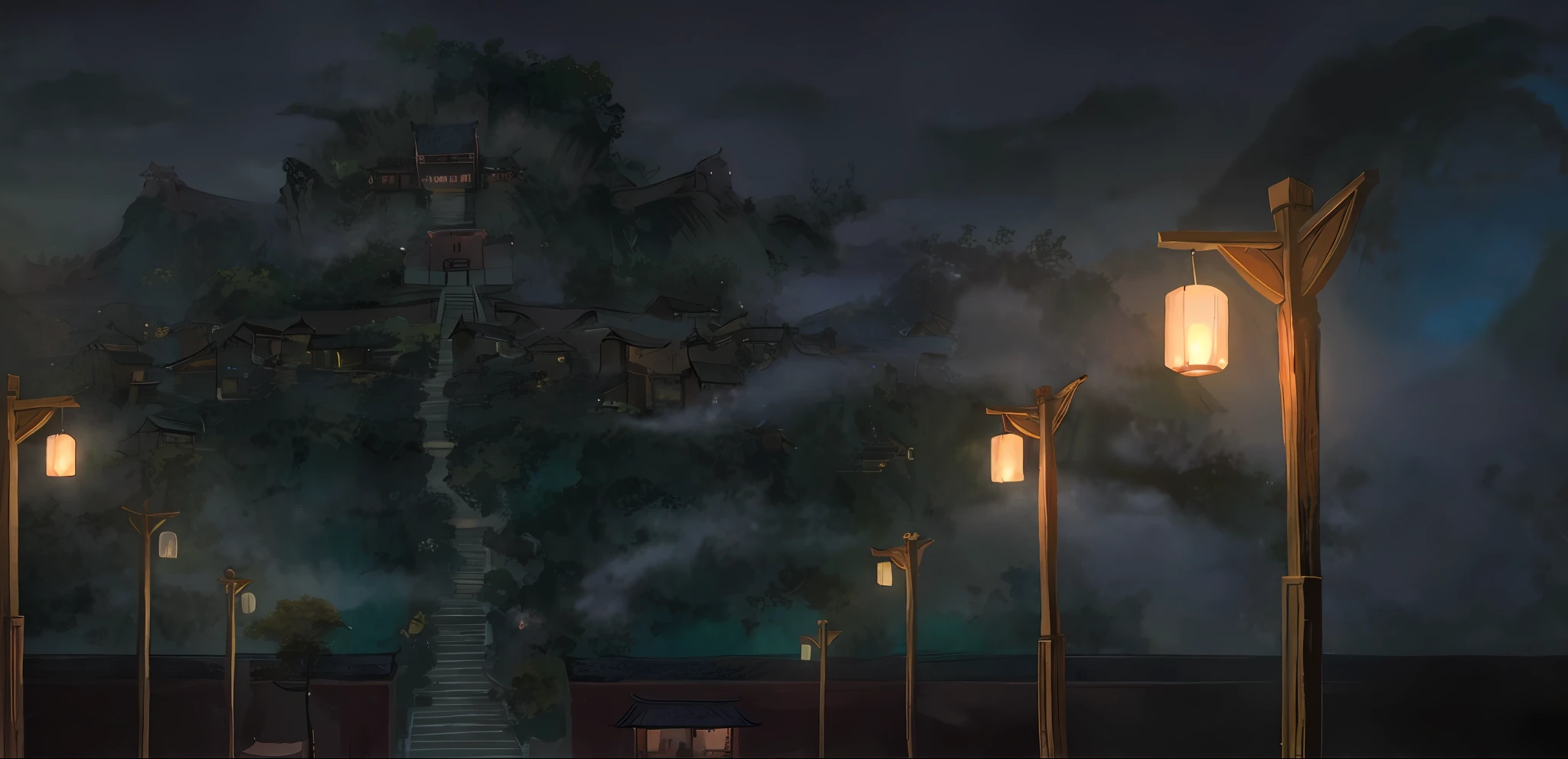 In the darkness of the night,There was a tree with lanterns hanging from it, arte de fundo, nightime village background, Anime background art, Anime landscape concept art, studio ghibli smooth concept art, dreamy Chinese towns, concept art stunning atmosphere, ross tran. scenery background, background artwork, makoto sinkai, traditional japanese concept art, matte painting arcane dota pixar