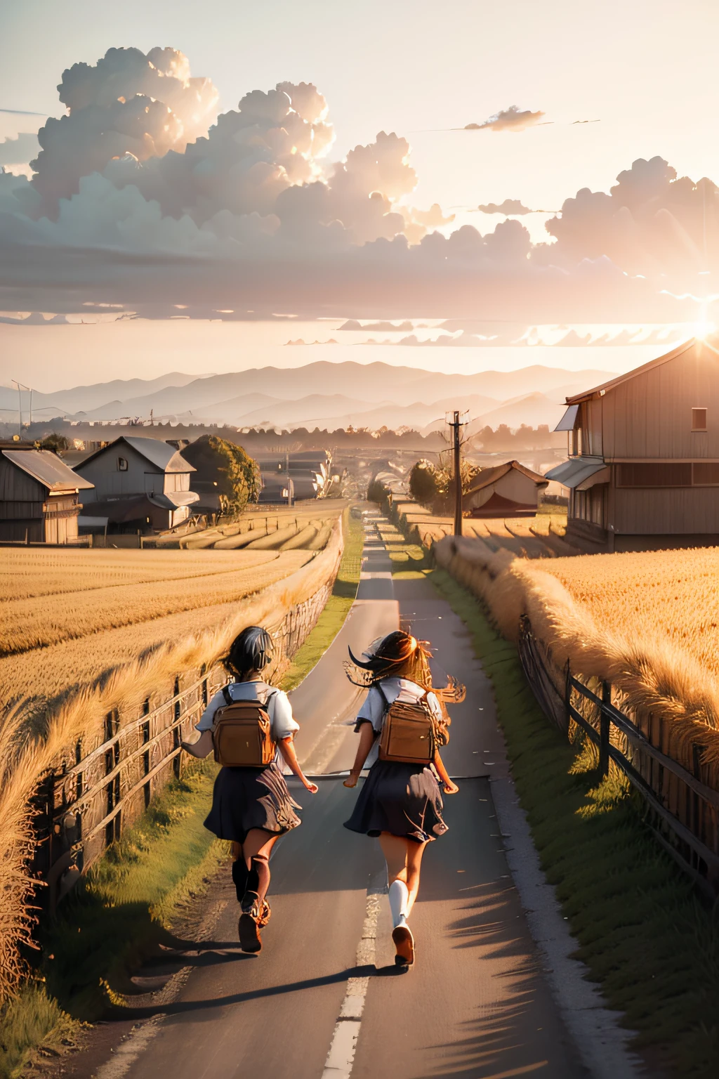 wheat field、Mai Lang、Children chasing after school in the distance，Utility poles in the distance、eventide、Nice sunset、 memories、highly details、photorealestic