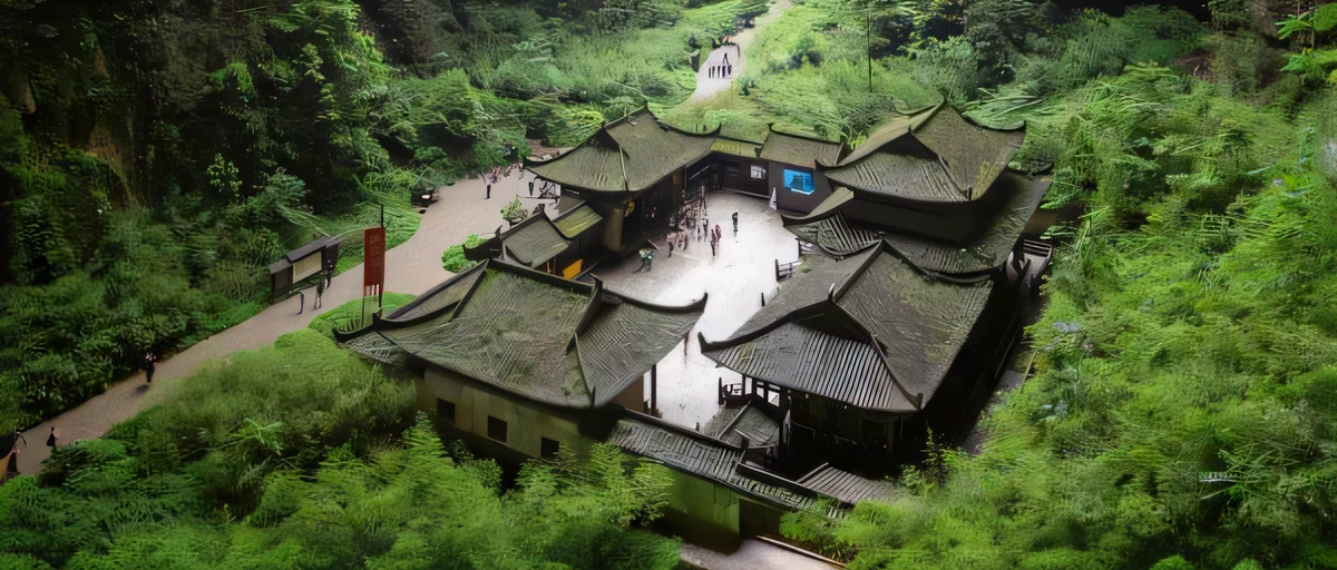 The roof of a building in the forest，A river runs through it, Taoist temples and monks, the taoist temples of huangshan, Chinese village, Ancient Chinese architecture, Chinese architecture, Chinese style buildings, An ancient, sichuan, guangjian, hou china, zhangjiajie national forest park, qiangshu, mu pan