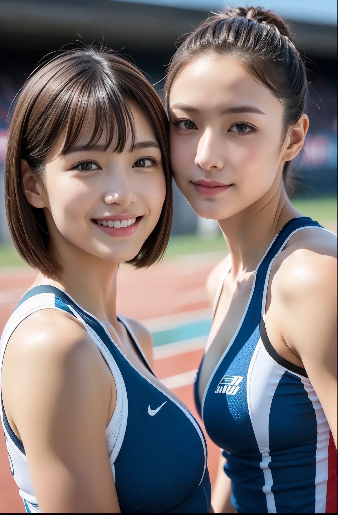 (((full bodyesbian)))、((Short-cut hairstyles))、Perfect style、beauty legs、kawaii、((Track & Field Athletes Women))、japanese beauty girl、(((1人)))、Competition uniforms、((stadium))、Transcendent cute、A slight smil、Beautiful breasts、full bodyesbian、athletic field、((Outstanding style))、((Healthy body))、 Photorealsitic、Beautiful detailed eyes、Hyper-Realism、highcontrast、Ultra HD、realistic skin textures、Top image quality、top-quality、超A high resolution、Fine details、Very meticulously