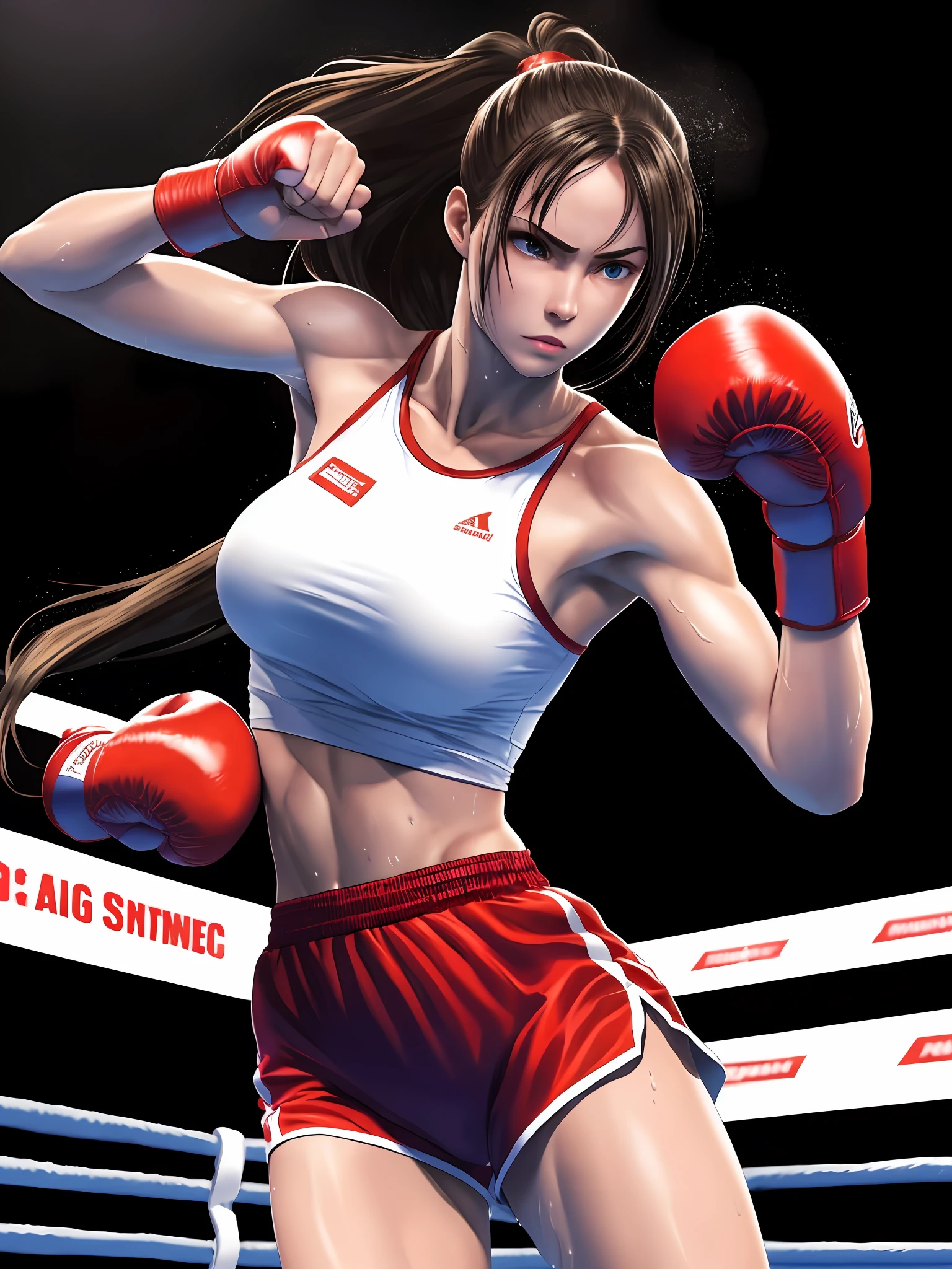 Solo, Full body, (masutepiece, of the highest quality, Highest Quality, Official art, beautiful aesthetic: 1.2), (1 girl: 1.3), Long hair, Supreme Detail, Straight punch、 boxing uniform,small head,Large breasts,Trained abs,nice legs,Wet skin,Sweat,At the boxing venue