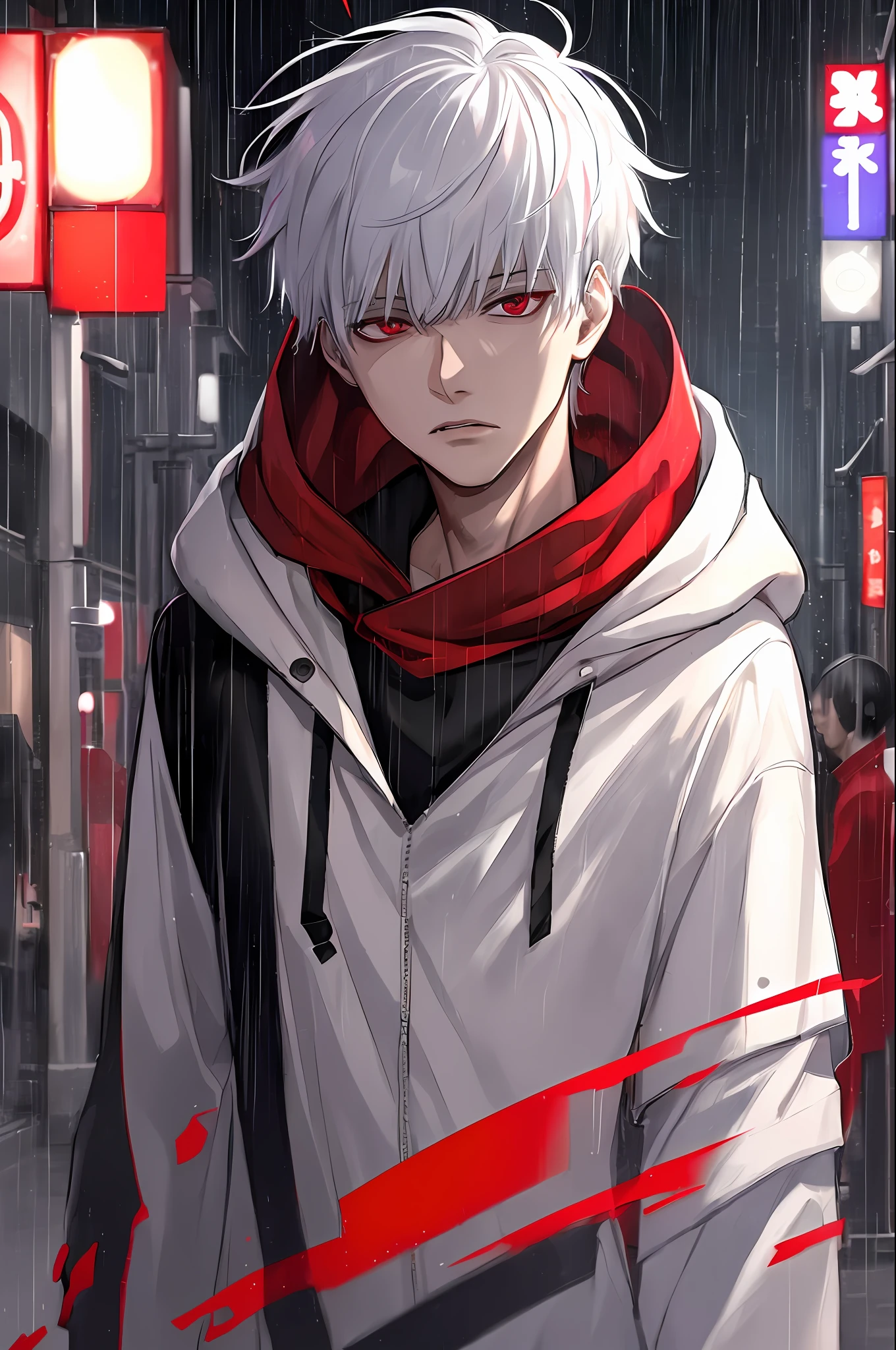 kk, best quality, more details, masterpiece, 1boy, kaneki ken, portrait, male focus, red eyes, solo, bangs, looking at viewer, hood, short hair, rain, tokyo tokyo \(city\),  hood up, nail polish, white hair, luxurious, 8k, detailed, ray tracing, depth of field, cinematic lighting,