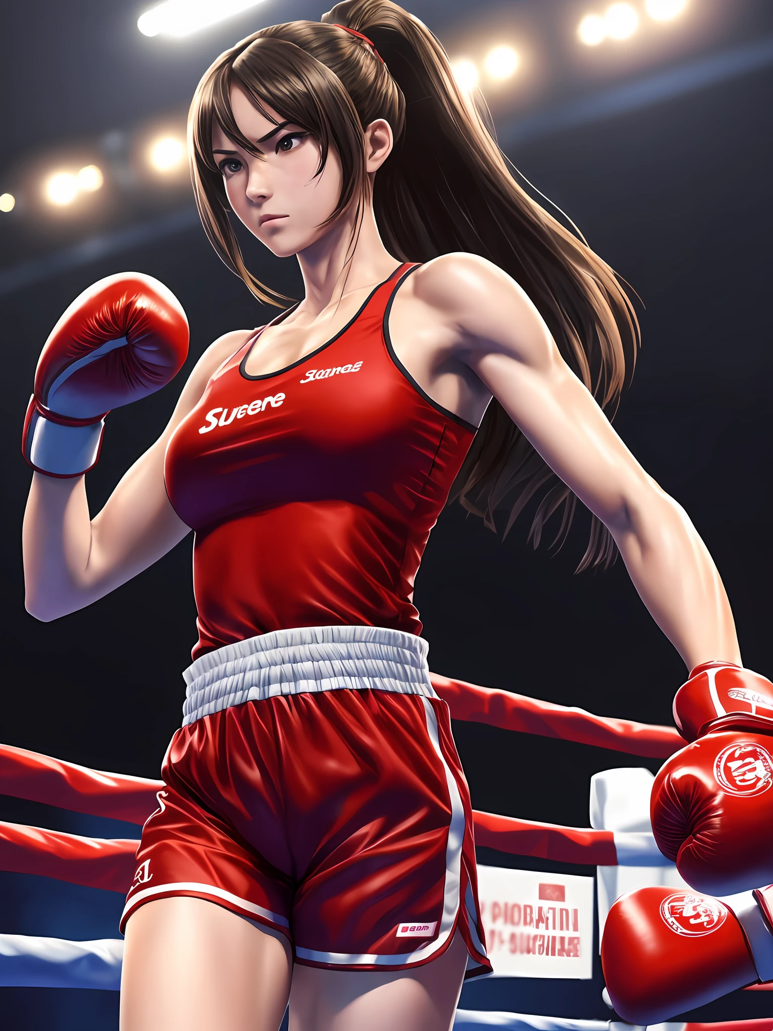 Solo, Full body, (masutepiece, of the highest quality, Highest Quality, Official art, beautiful aesthetic: 1.2), (1 girl: 1.3), Long hair, Supreme Detail, Straight punch、 boxing uniform,small head,Large ,Trained abs,nice legs,Wet skin,Sweat,At the boxing venue