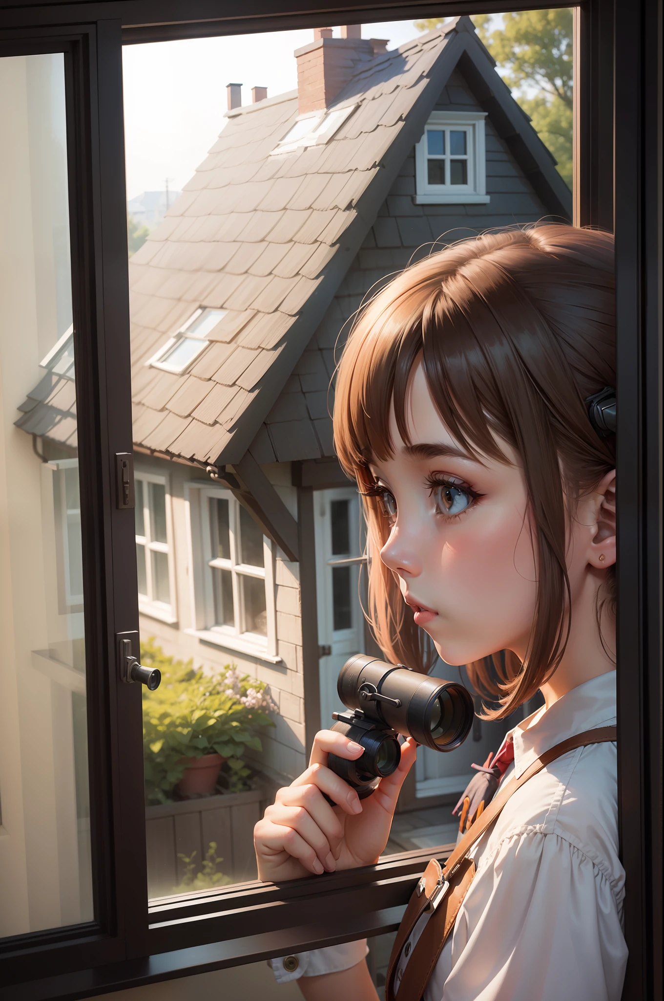 Girl spying on ther house through the window using binoculars