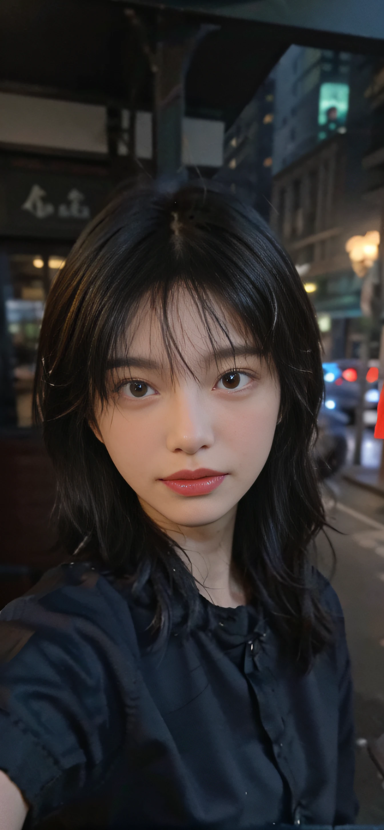 Best quality, masterpiece,..night,.city,..1girl,.(Authentic skin texture:1.3),.close-up,.face focus,.upper body,.selfie,..