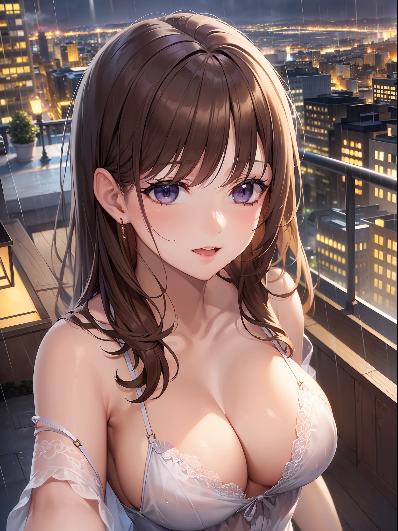 ((Best quality, 8k, Masterpiece: 1.3)), Selfie, Sharp focus: 1.2, Cute beautiful woman with perfect body: 1.4, Slim big breasts: 1.2, ((Brown hair dark, Big breasts: 1.2)) , (small transparent dress, half naked, highly detailed breasts, Happy expression, Standing: 1.2), ((Night view of the city with rain, Balcony simple: 1.3 making with the female being the main focus)), Highly detailed face and skin texture, Detailed eyes, Double eyelid
