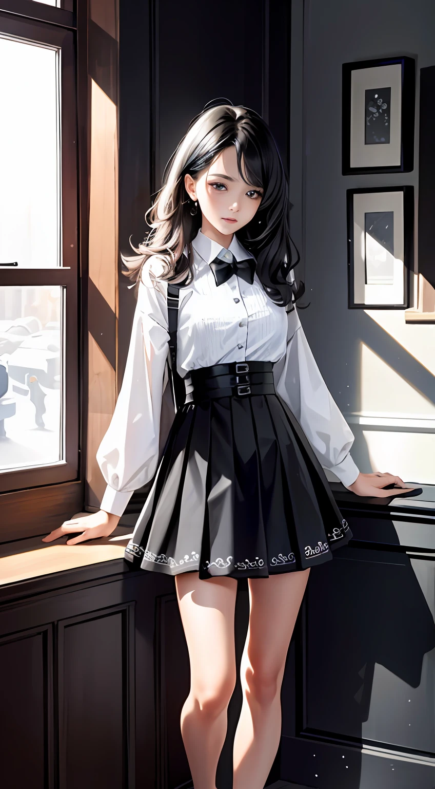 extremaly detailed cg，A high resolution，best qualtiy，tmasterpiece，（a beauty girl：1.3），（GameCG），hutaodef，>_pleatedskirt，short  skirt，shift dresses