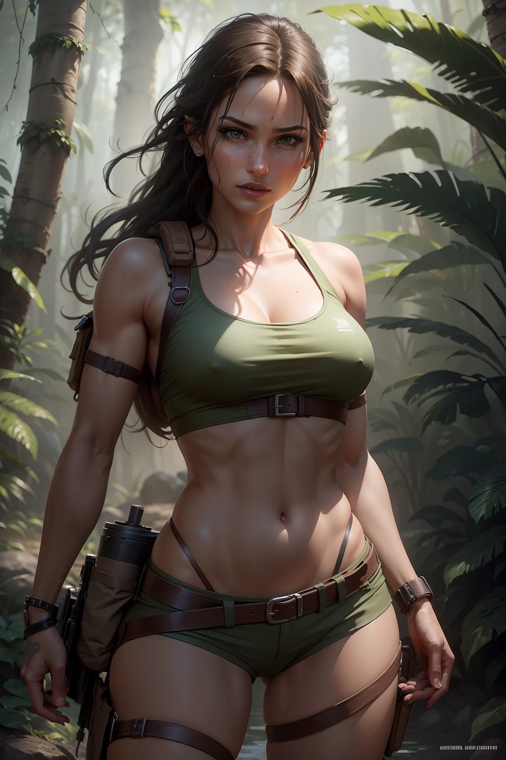 lara croft from tomb raiders game, wearing adventural outfit, sexy look, in jungle, (masterpiece:1.4, best quality), ultra detailed, highest detail quality, ultra realistic, photography lighting, overcast reflection mapping, ((photorealistic)), cinemeatic, movie quality rendering, octane rendering, focused, 8k, depth of field, real shadow, sharp focus, exteremely-detailed,8K,