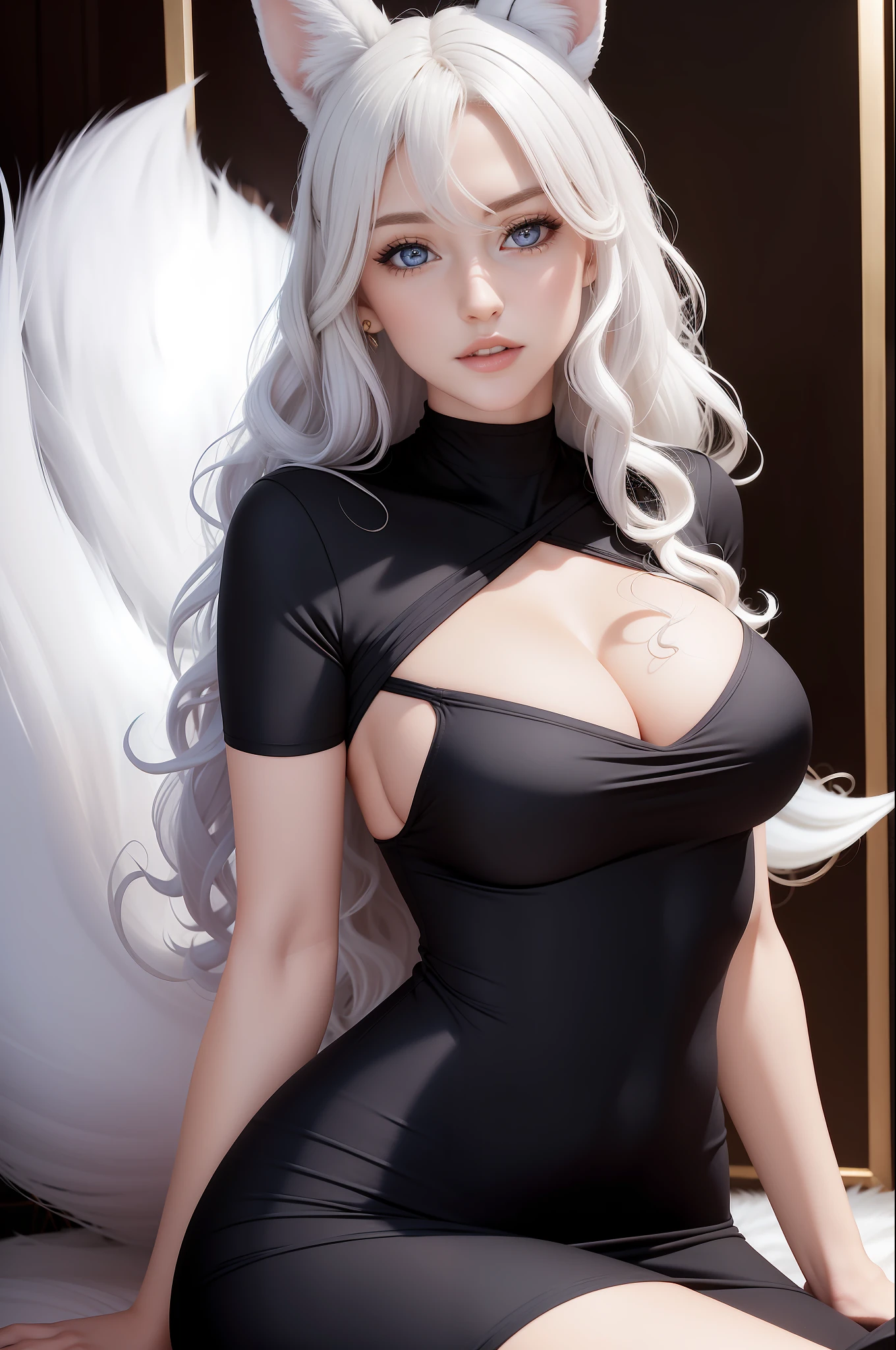 Woman with ,golden curly hair,Blue eyes,white fox ears,,black tight dress