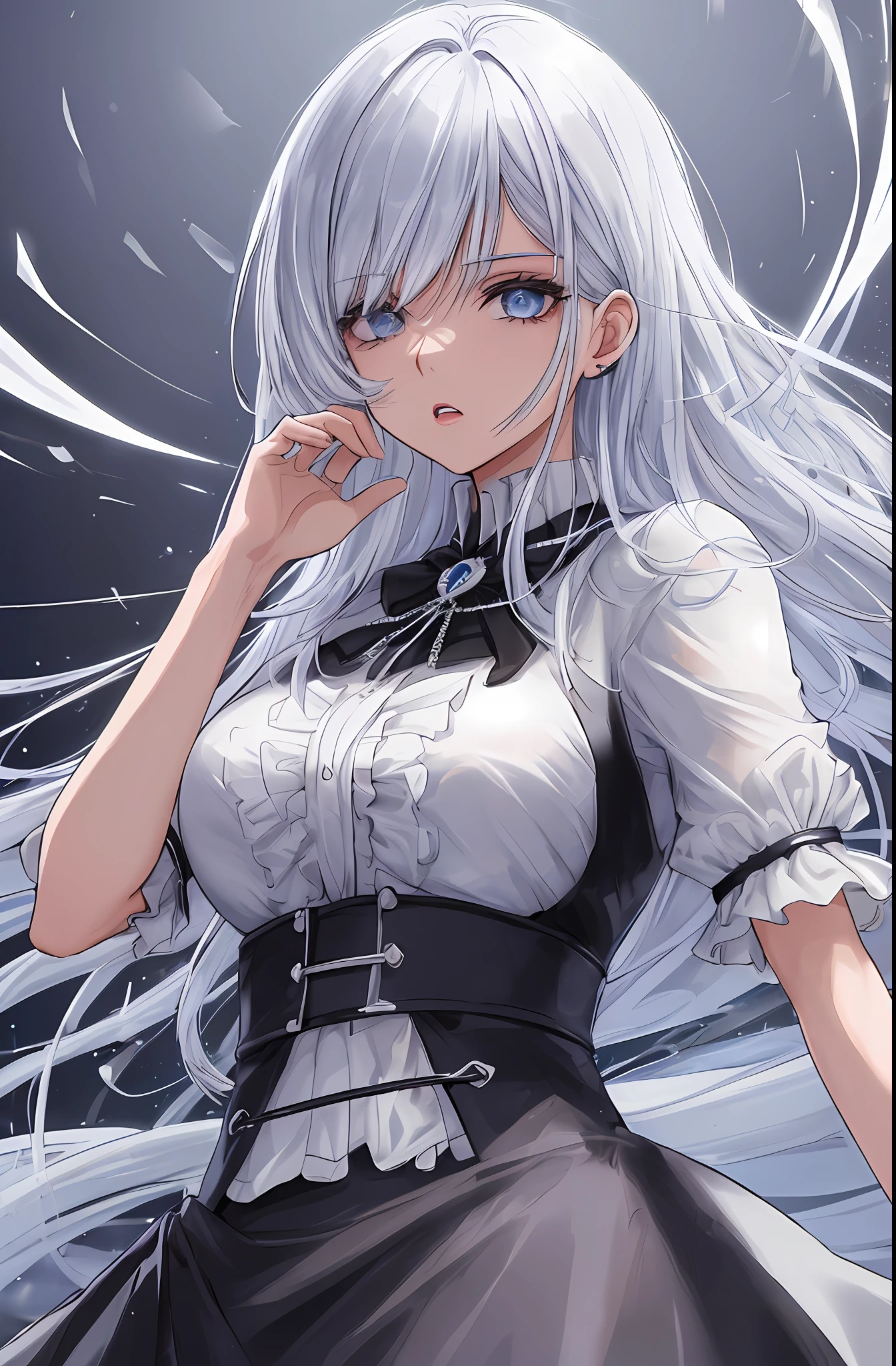 kk, melhor qualidade, mais detalhes, obra-prima, kaneki ken, 1 girl, foco feminino, solo, heterocromia, fundo preto, franja, olhos vermelhos, olho cinzento, cabelo curto, camisa, hand up, cabelo branco, camisa de colarinho, esmalte, camisa preta, Split lips, olhando para o espectador, parte superior do corpo, dentes, unhas pretas, luxo, 8k, detalhado, ray tracing, profundidade de campo, cinematic lighthing, sangue,unhas bem desenhadas, dedos normais