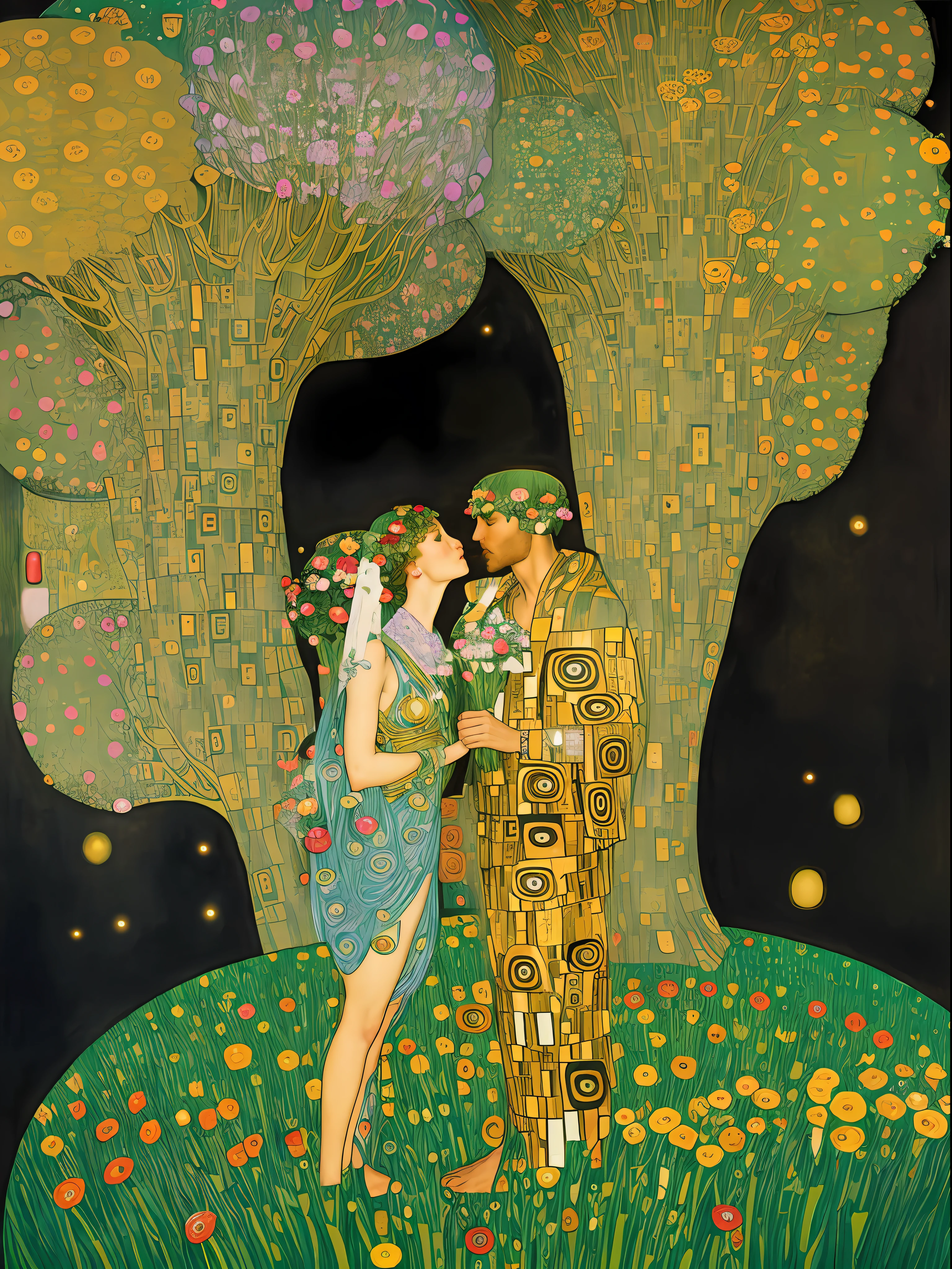 painting of a man and a woman kissing in a field of flowers, gustav klimt style, style of gustav klimt, the kiss, klimt and nixeu, gustav klimt 4k, gustav klimt 4 k, gustav klimt and mel ramos, gustav klimt painting, inspired by Gustav Klimt, mucha klimt, vibrant and bold pop art with high contrast colors, dynamic composition, and exaggerated details