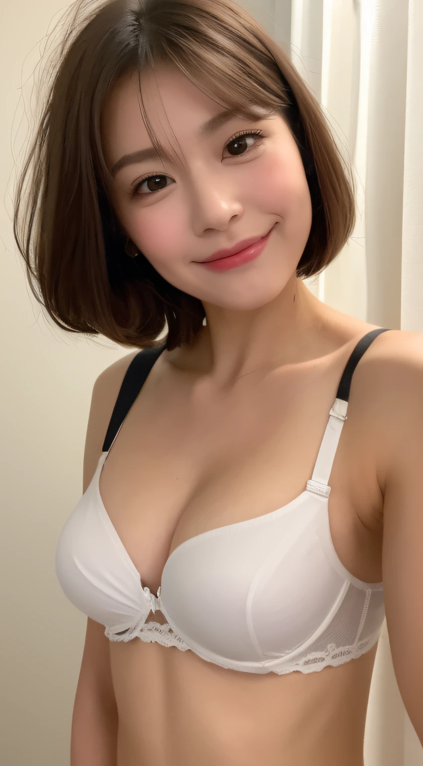 ((Best picture quality, 8K, tmasterpiece:1.3)), 1girll, Beautiful woman with slender abs:1.3, (Casual hairstyle, :1.2), Low-cut bra，Bra color is arbitrary，Super large，The skin is very white，Ultra-fine face, A detailed eye, 二重まぶた，ssmile。Take pictures in cute poses，The figure is very bad，tiny small waist，Super big breasts，Close-up，Close-up chest，White-skinned，The background is casual，Close-up Shot Shot