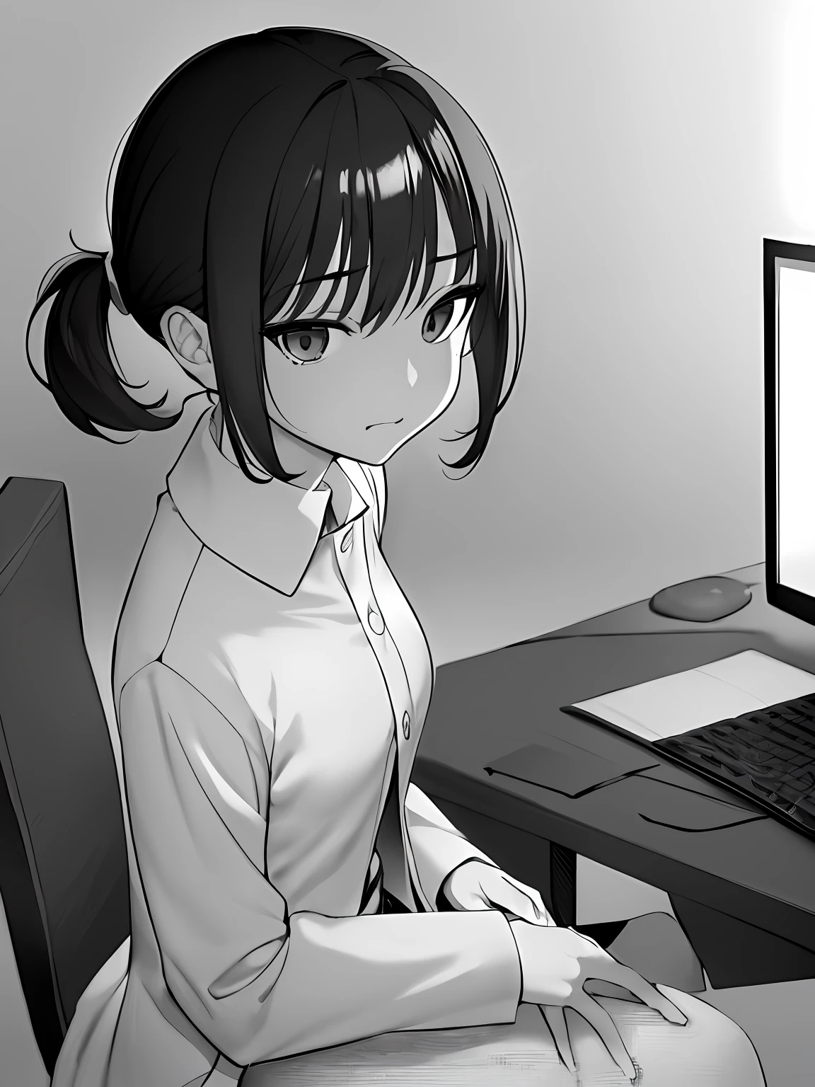 hashimoto_mai, masterpiece, 1girl, solo, pov, very short ponytail hair, small to medium breast, sitting, slight smile, greyscale, monochrome, halftone, drawing, manga, face focus, blank room, computer, pharmacist coat, looking at viewer, concern