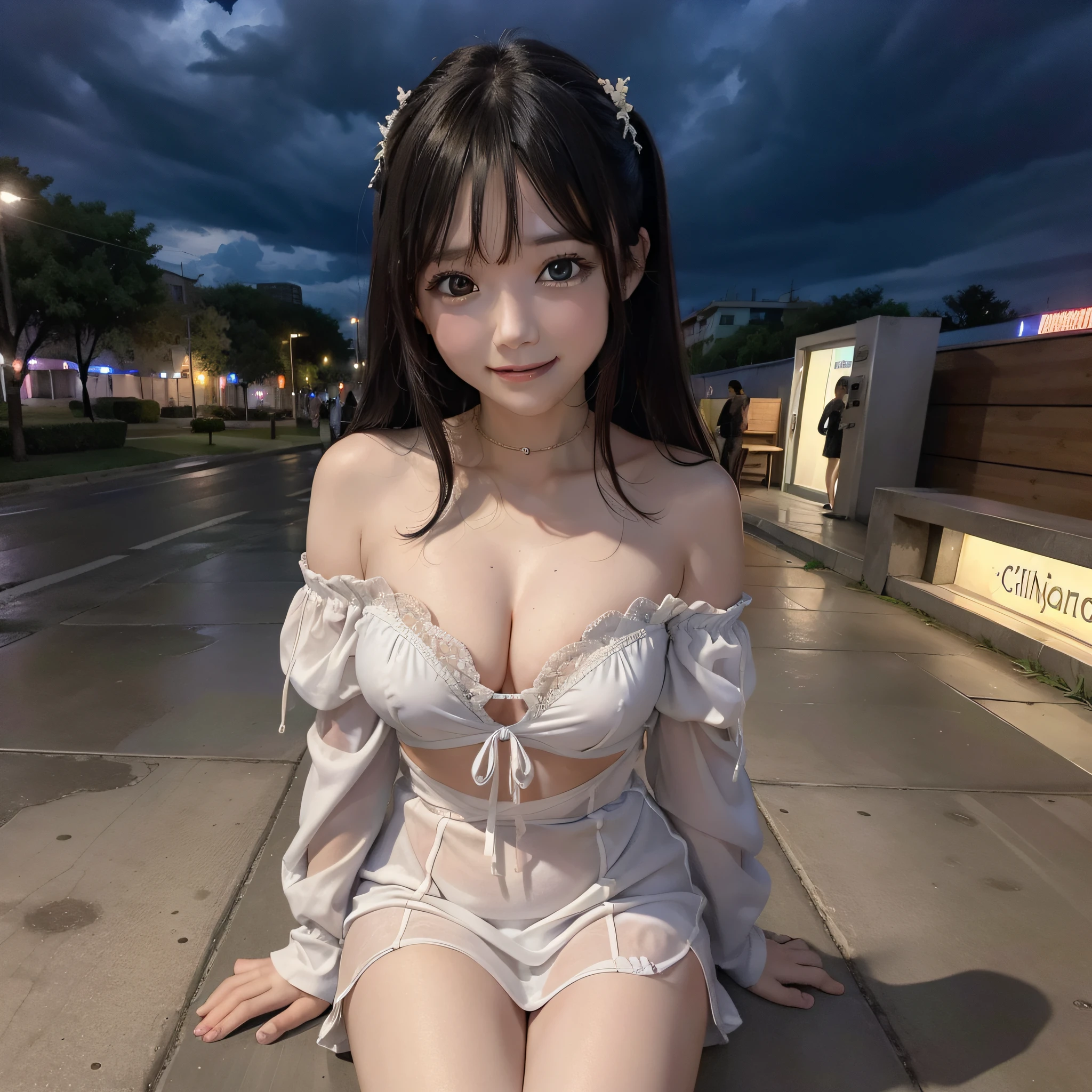 There is a resurrected girl on the avenue in the center of the image of the post-apocalypse city (8k, Foto RAW, melhor qualidade, obra-prima: 1.2), (realista, realista: 1.37), ultra-detalhado, 1 menina, majo, sozinho, Sky laden with clouds with thunder, noite, sentado, namoro, (nariz corado), (sorriso feliz), middlebreasts, belos olhos detalhados, vestido branco de seda curto, Gatos,
